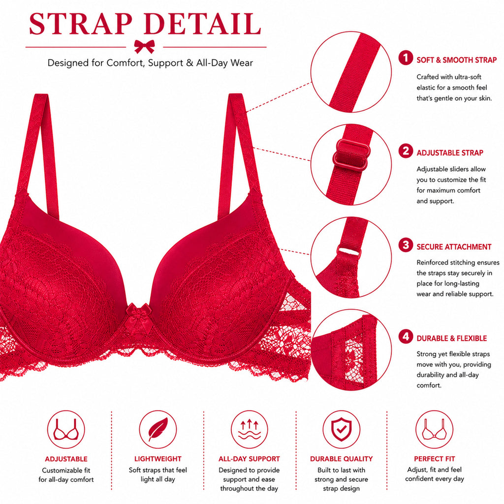 Women's Cherry Red Floral Lace Padded Underwired Bra with Comfortable Full Coverage