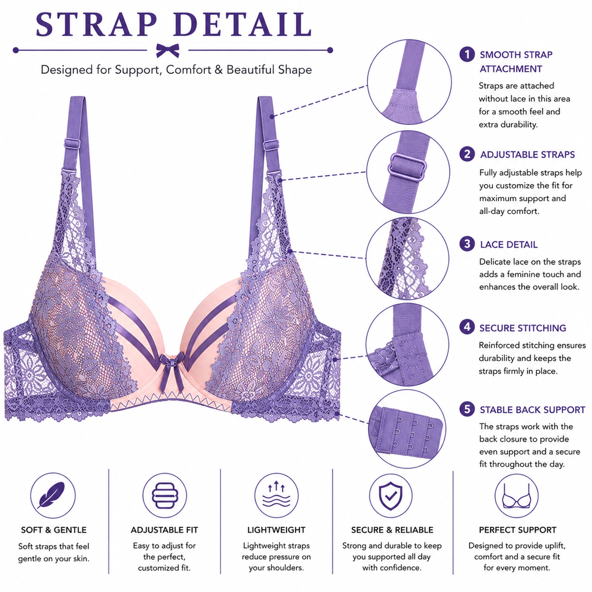 Women's Dusty Purple & Blush Pink Floral Lace Padded Bra & Bikini Panty Lingerie Set