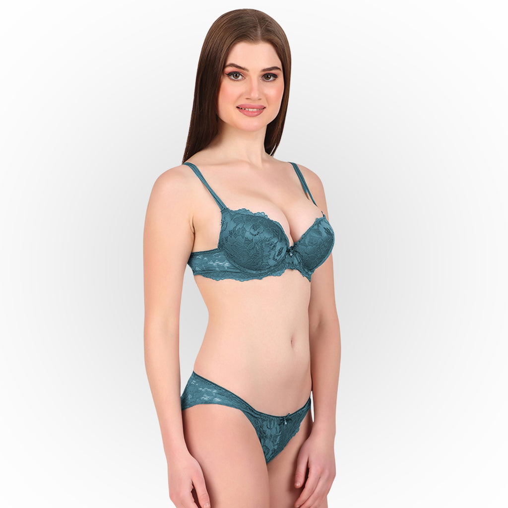 Women's Green Floral Lace Padded Underwired Bra & Panty Lingerie Set