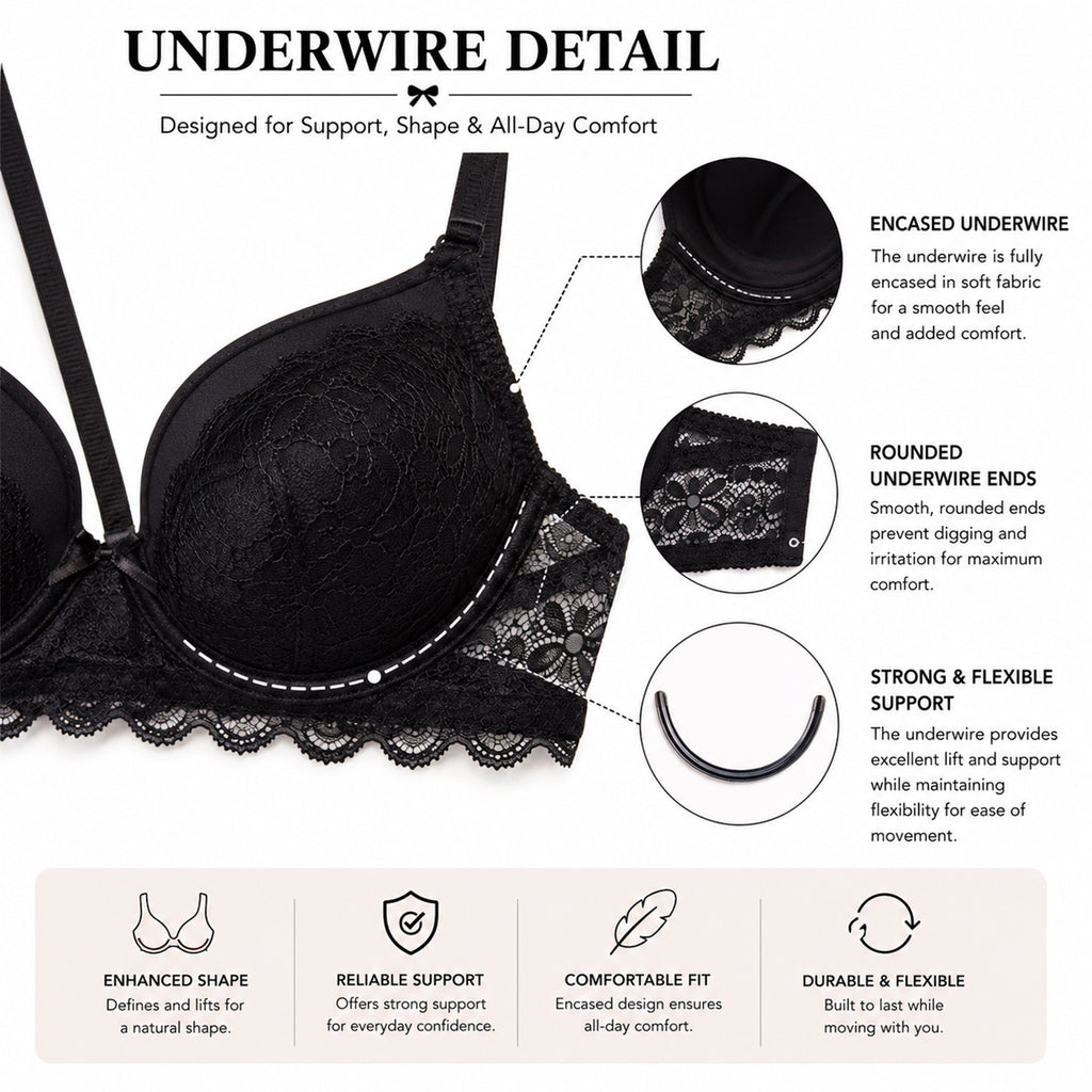 Women's Black Floral Lace Padded Underwired Bra with Comfortable Full Coverage