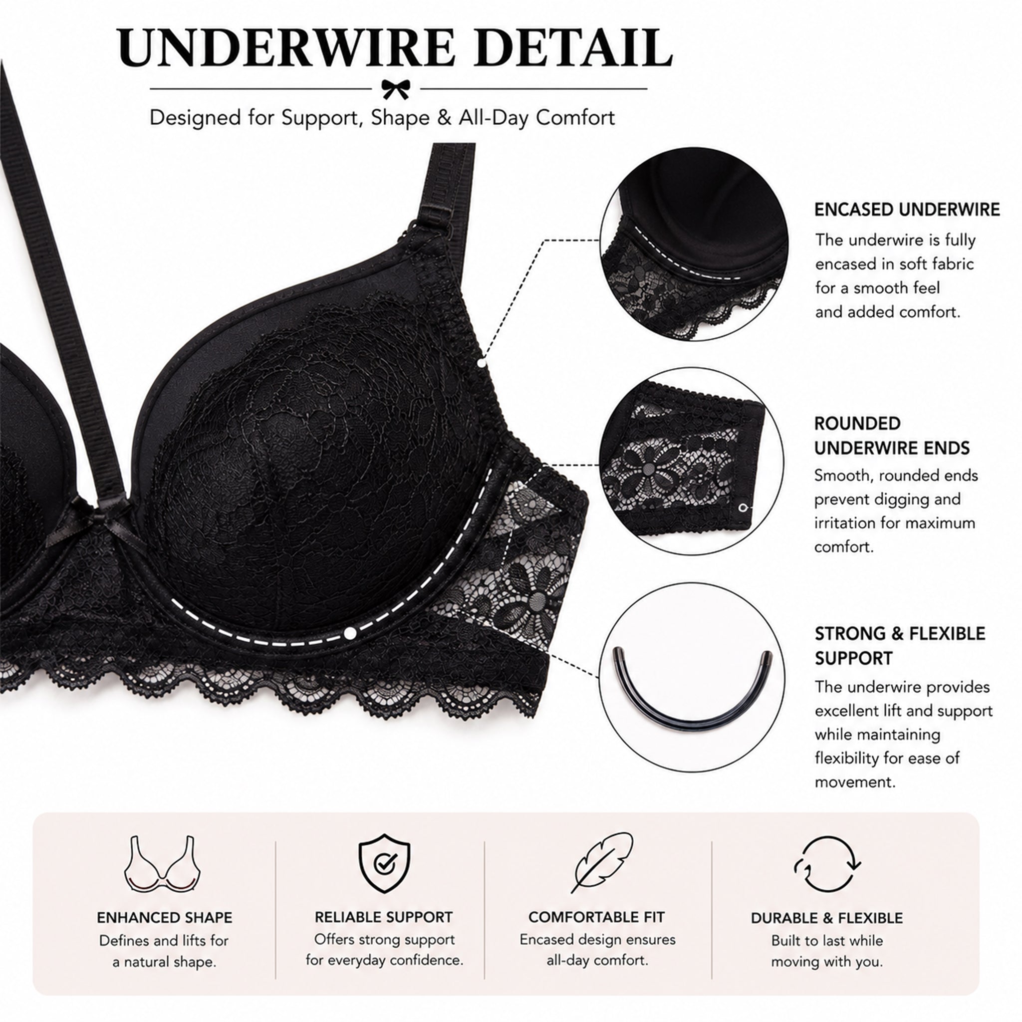 Women's Black Floral Lace Padded Underwired Bra with Comfortable Full Coverage