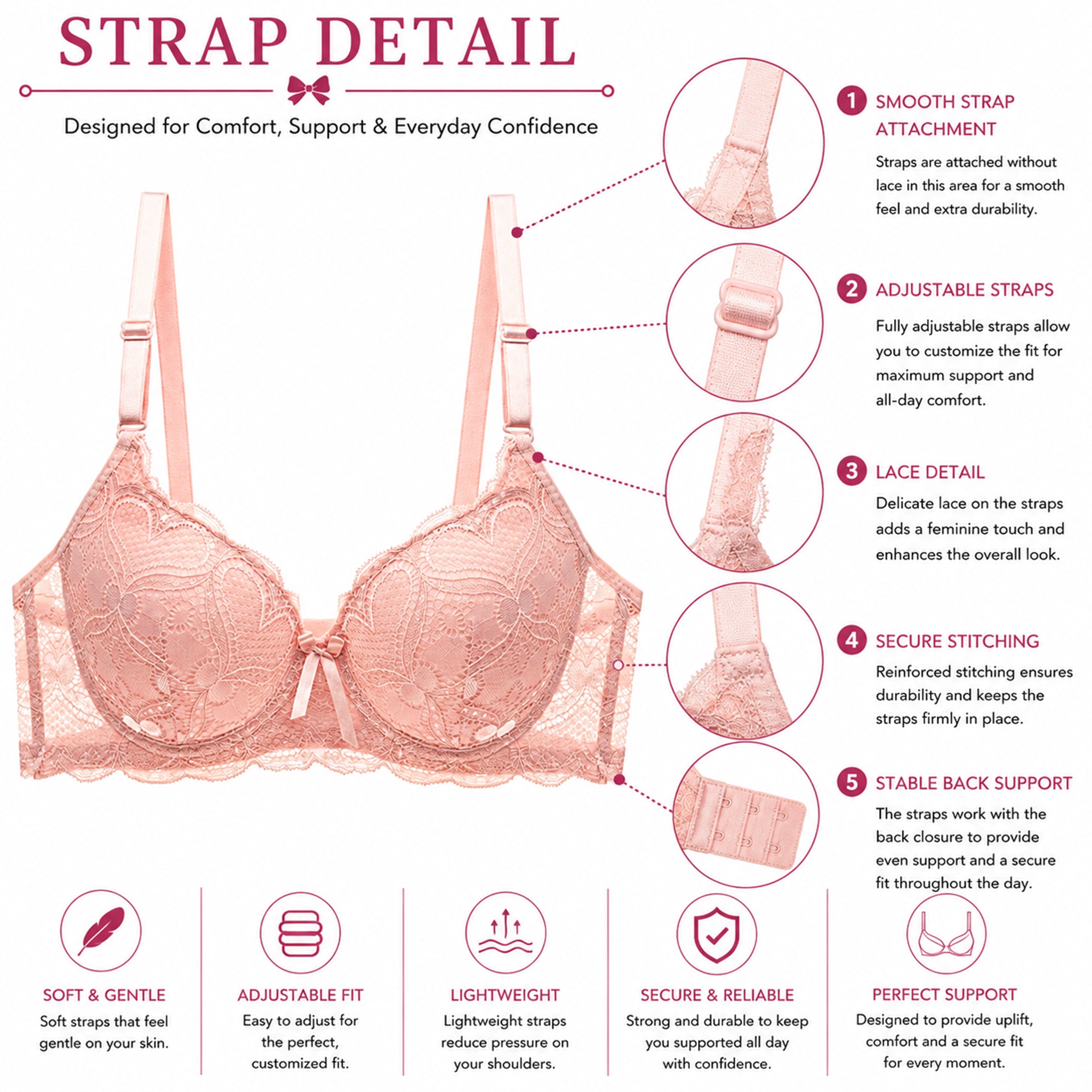Women's Floral Lace Padded Underwired Bra with Comfortable Full Coverage - Blush Pink
