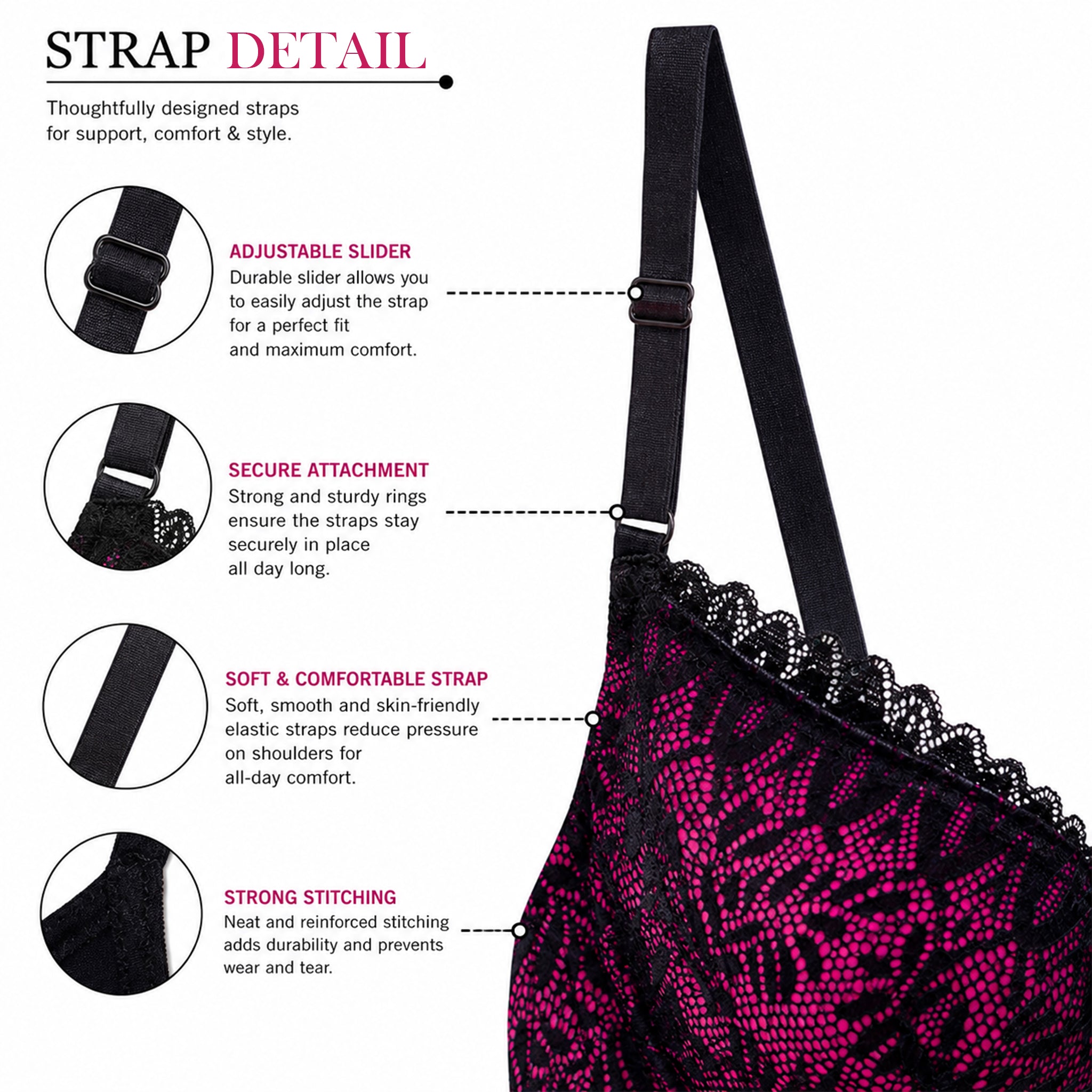 Women's Pink & Black Lace Padded Underwired Bra with Comfortable Full Coverage
