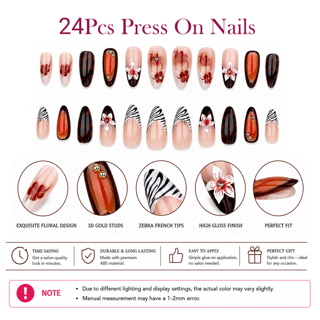 Almond Press-On Nails – 24-Piece 3D Flower & Tortoiseshell Nail Set