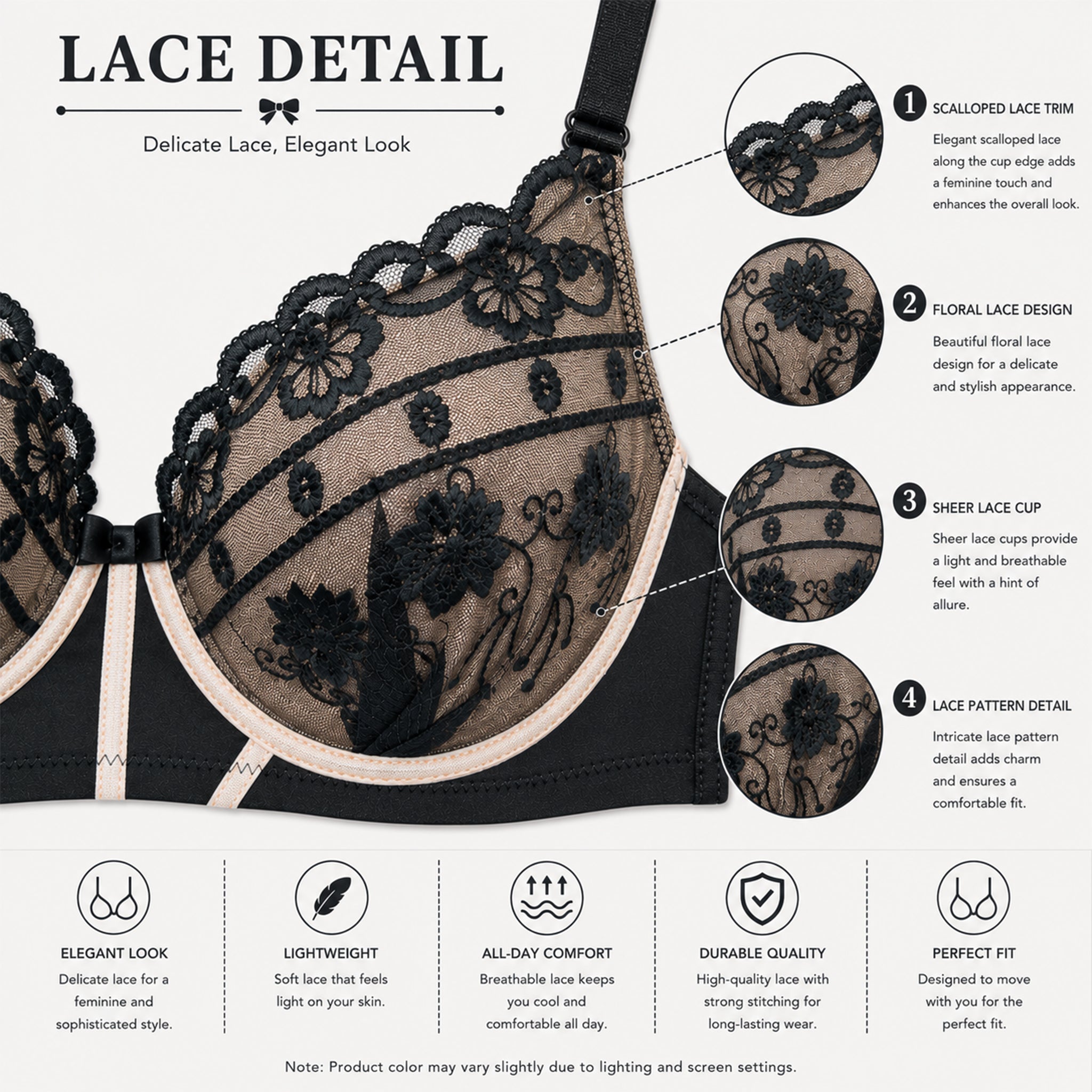 Women's Black Sheer Embroidered Lace Underwired Bra with Comfortable Full Coverage