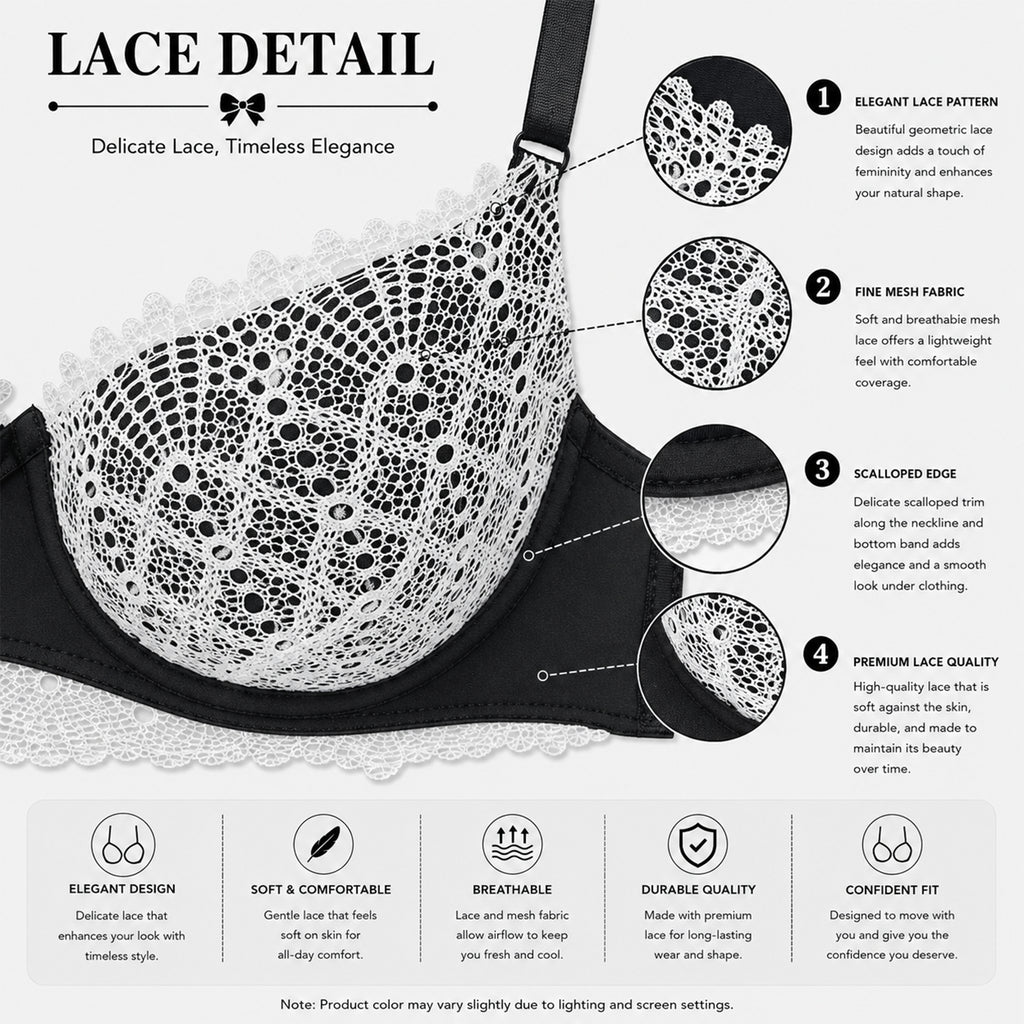 Women's Black & White Floral Lace Padded Underwired Bra with Comfortable Full Coverage