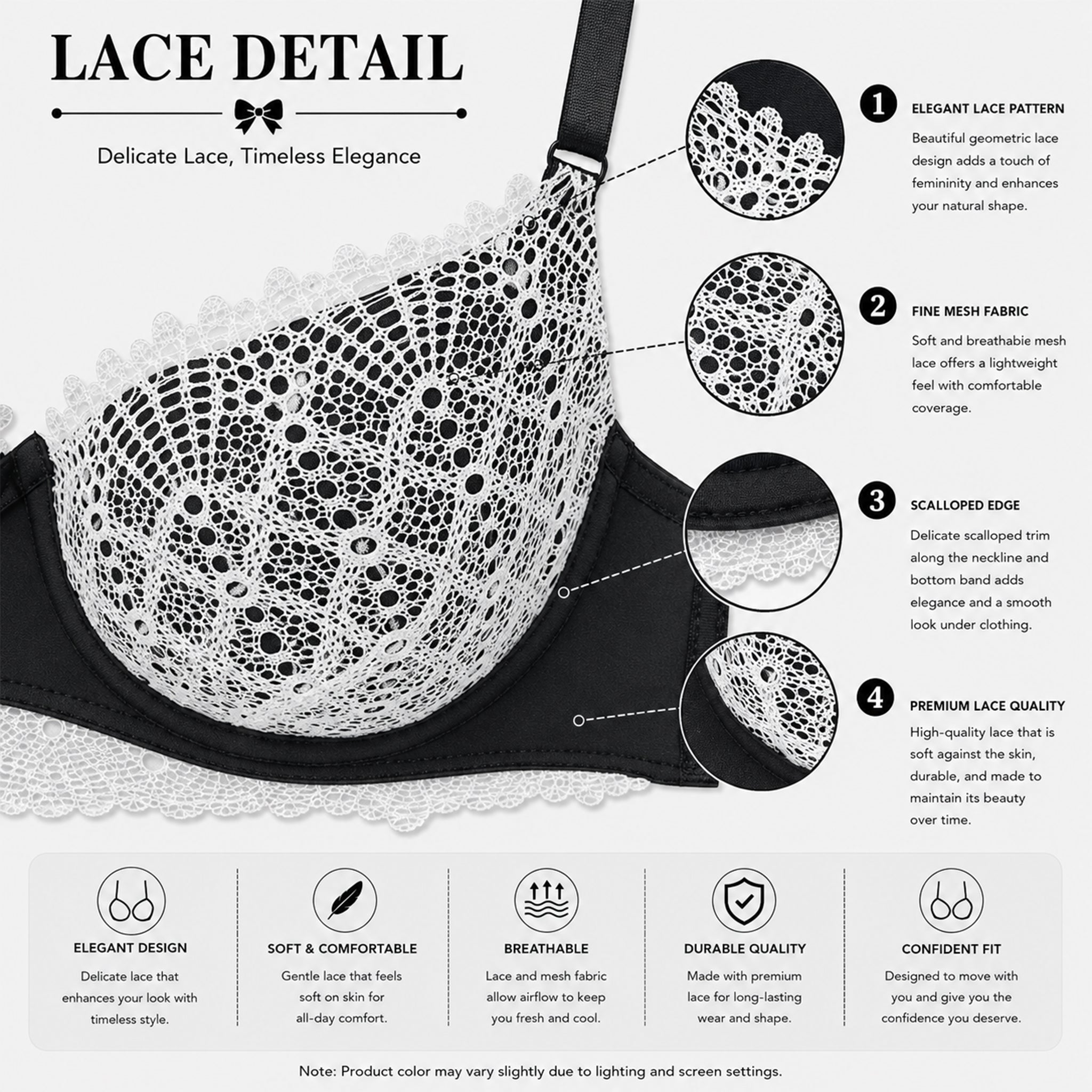 Women's Black & White Floral Lace Padded Underwired Bra with Comfortable Full Coverage
