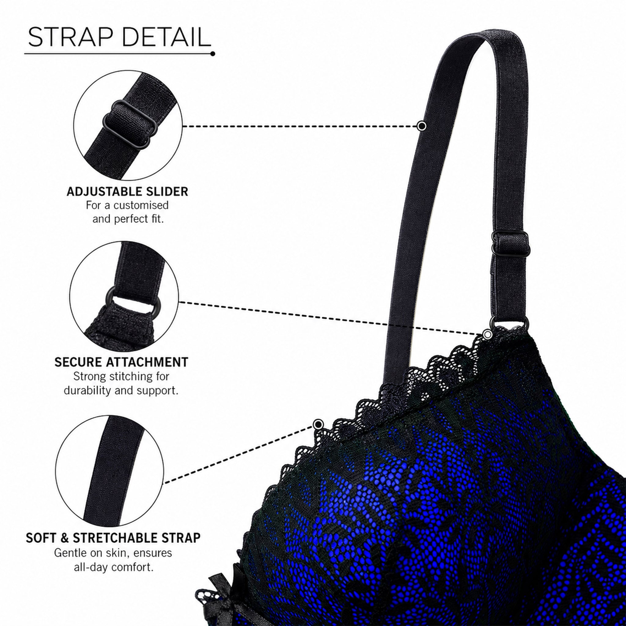 Women's Blue & Black Lace Padded Underwired Bra with Comfortable Full Coverage