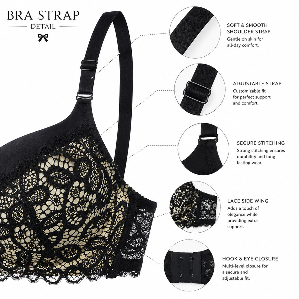 Women’s Floral Lace Underwired Padded Bra & Panty Lingerie Set – Black