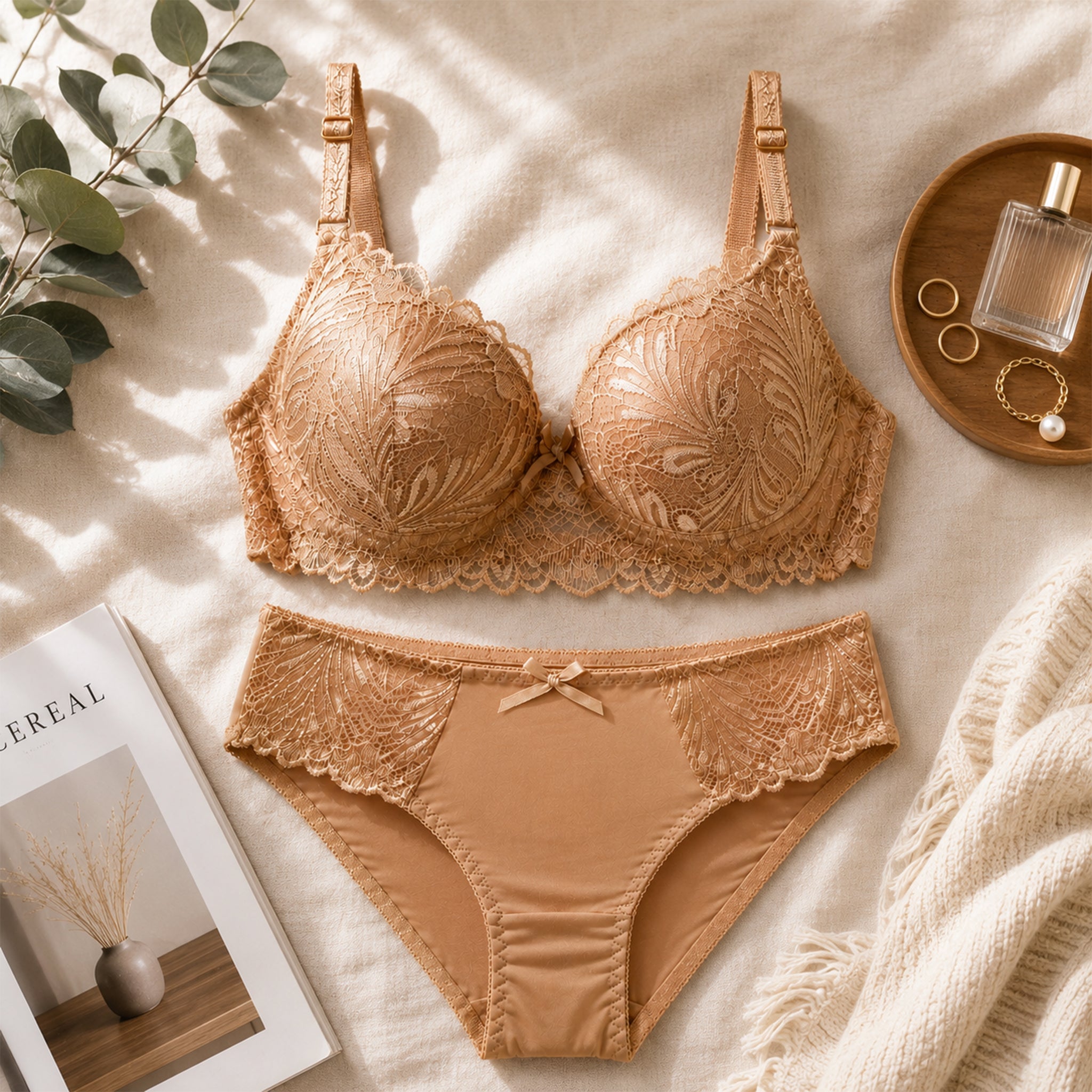 Women's Coffee Brown Floral Lace Lightly Padded Underwired Bra & Panty Lingerie Set