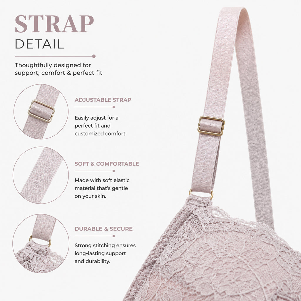 Women's Premium Cream Self-Design Floral Lace Underwired Heavily Padded Medium Coverage Bra with Adjustable Straps