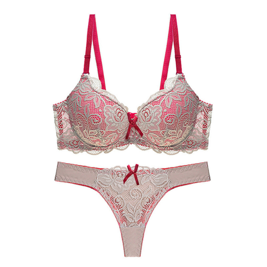 Women's Floral Lace Heavy Padded Underwired Bra & Thong Lingerie Set - White & Red