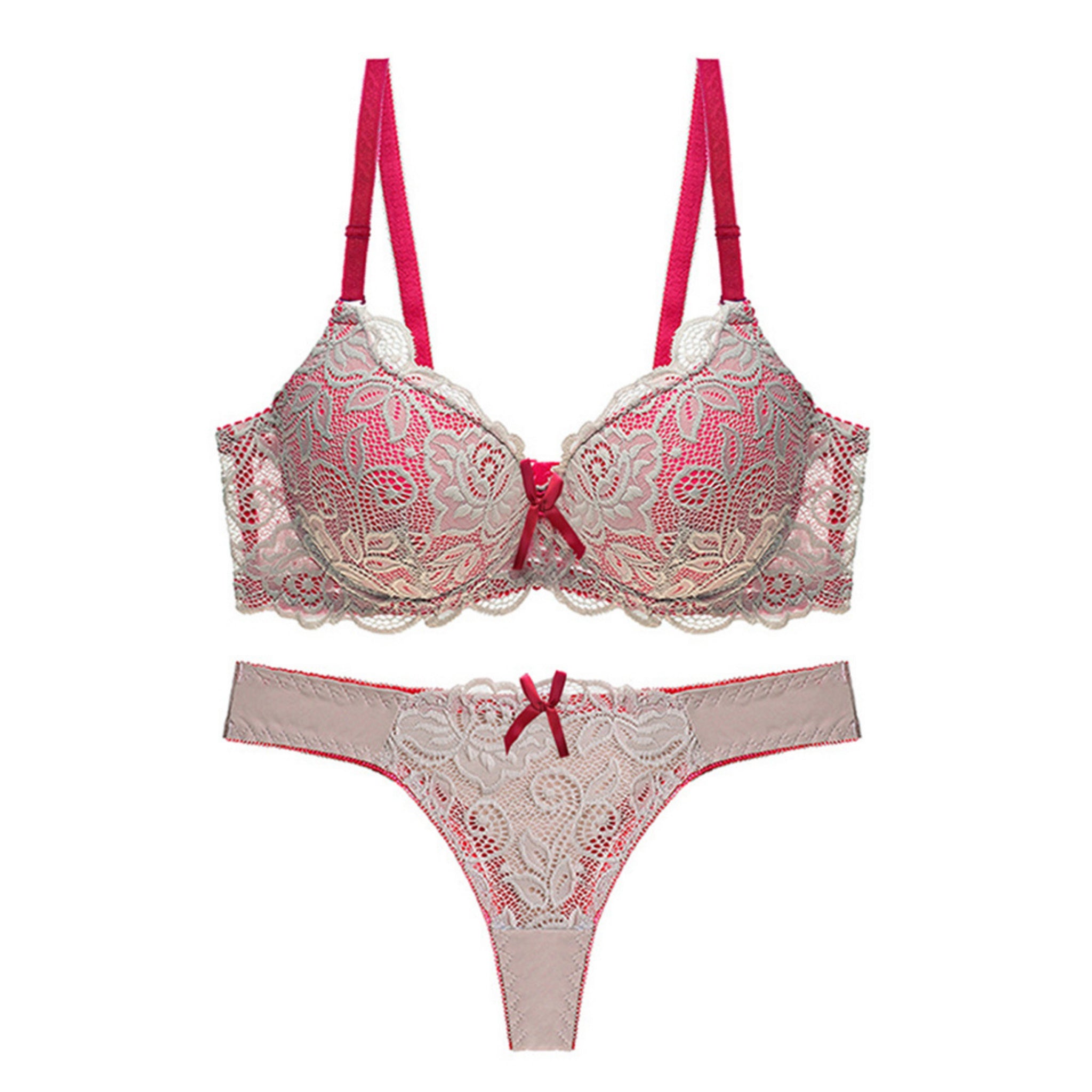Women's Floral Lace Heavy Padded Underwired Bra & Thong Lingerie Set - White & Red