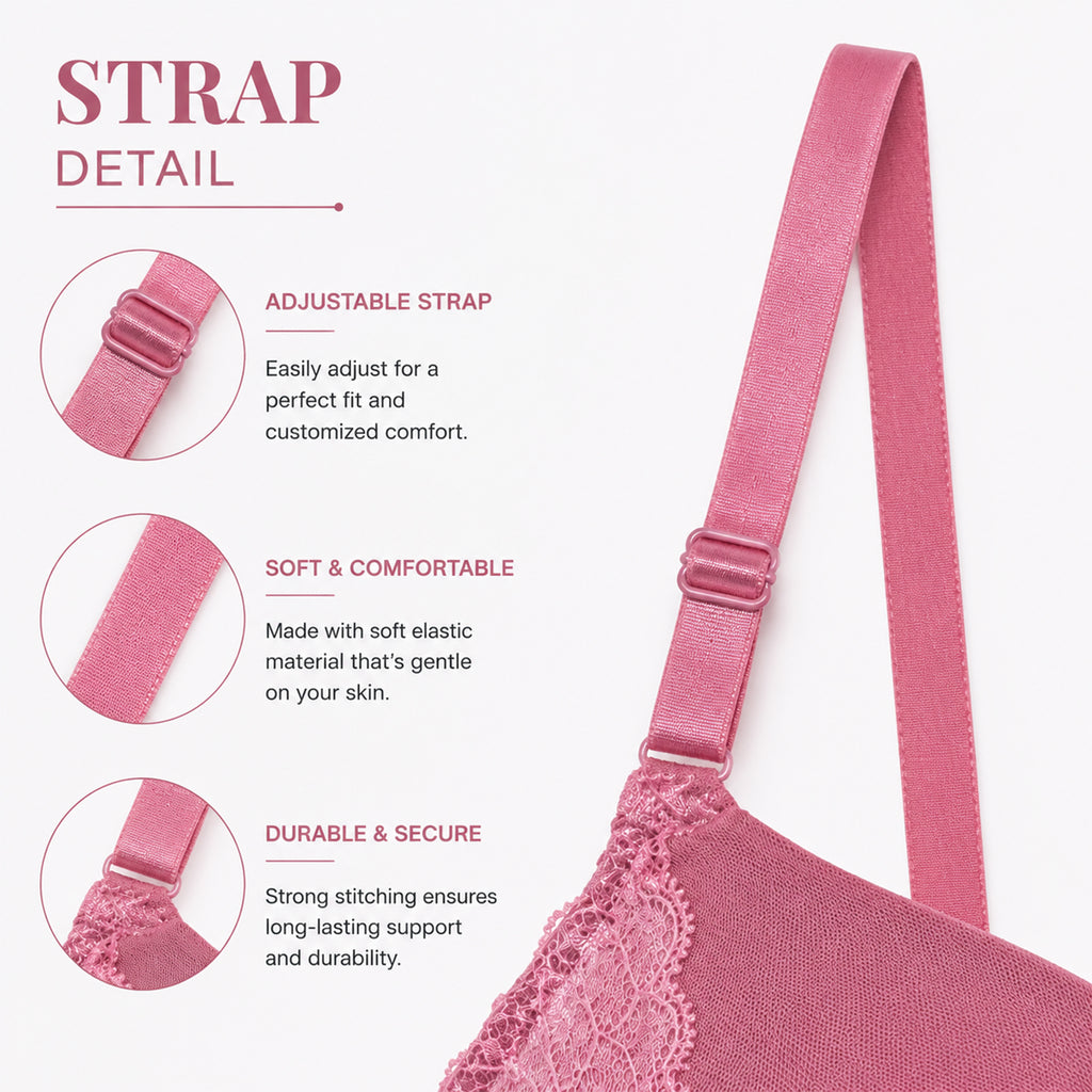 Women's Premium Pink Self-Design Floral Lace Underwired Heavily Padded Medium Coverage Bra with Adjustable Straps