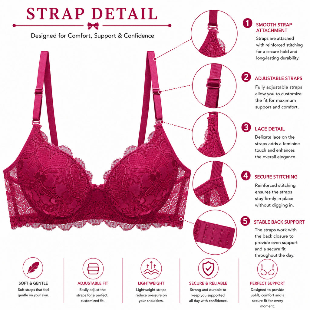 Women's Deep Rose Floral Lace Padded Underwired Bra with Comfortable Full Coverage