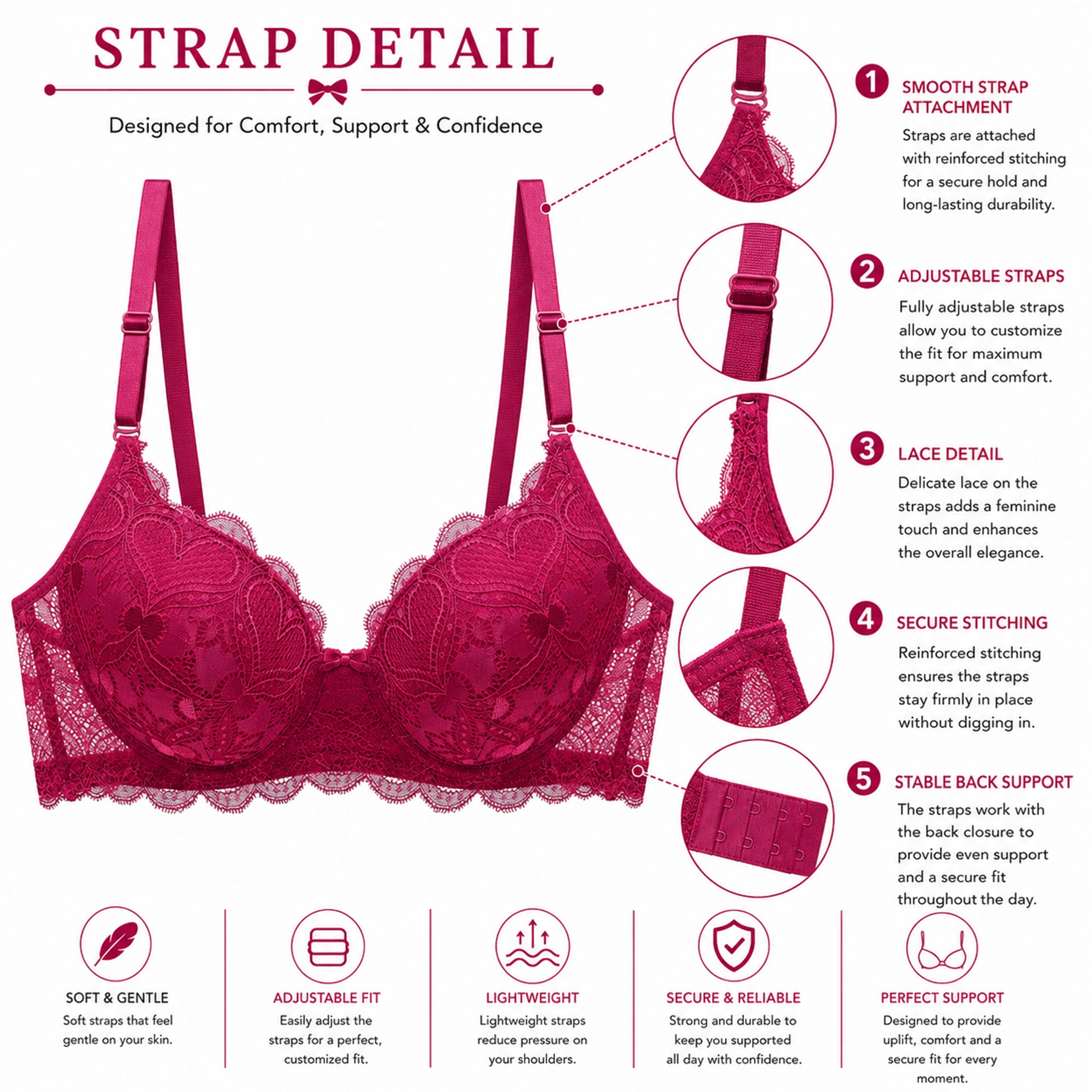 Women's Deep Rose Floral Lace Padded Underwired Bra with Comfortable Full Coverage