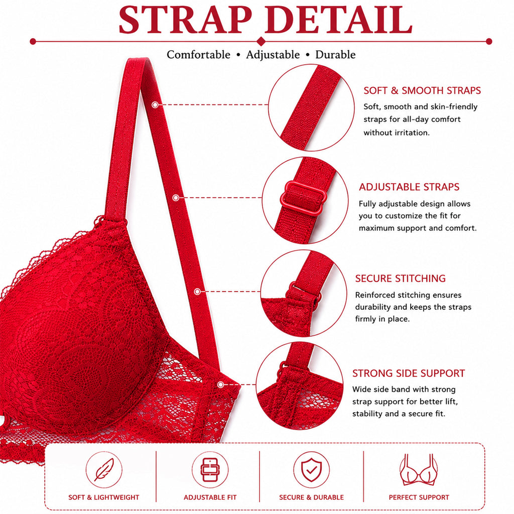 Women’s Full Coverage Heavily Padded Push-Up Bra & Panty Lingerie Set – Red