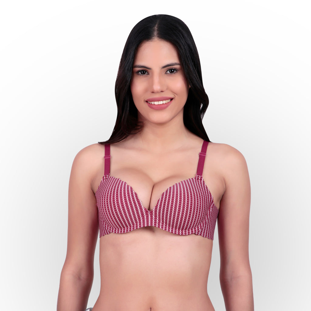 Women's Textured Check Pattern Push-Up Padded Underwired Bra - Maroon White Check