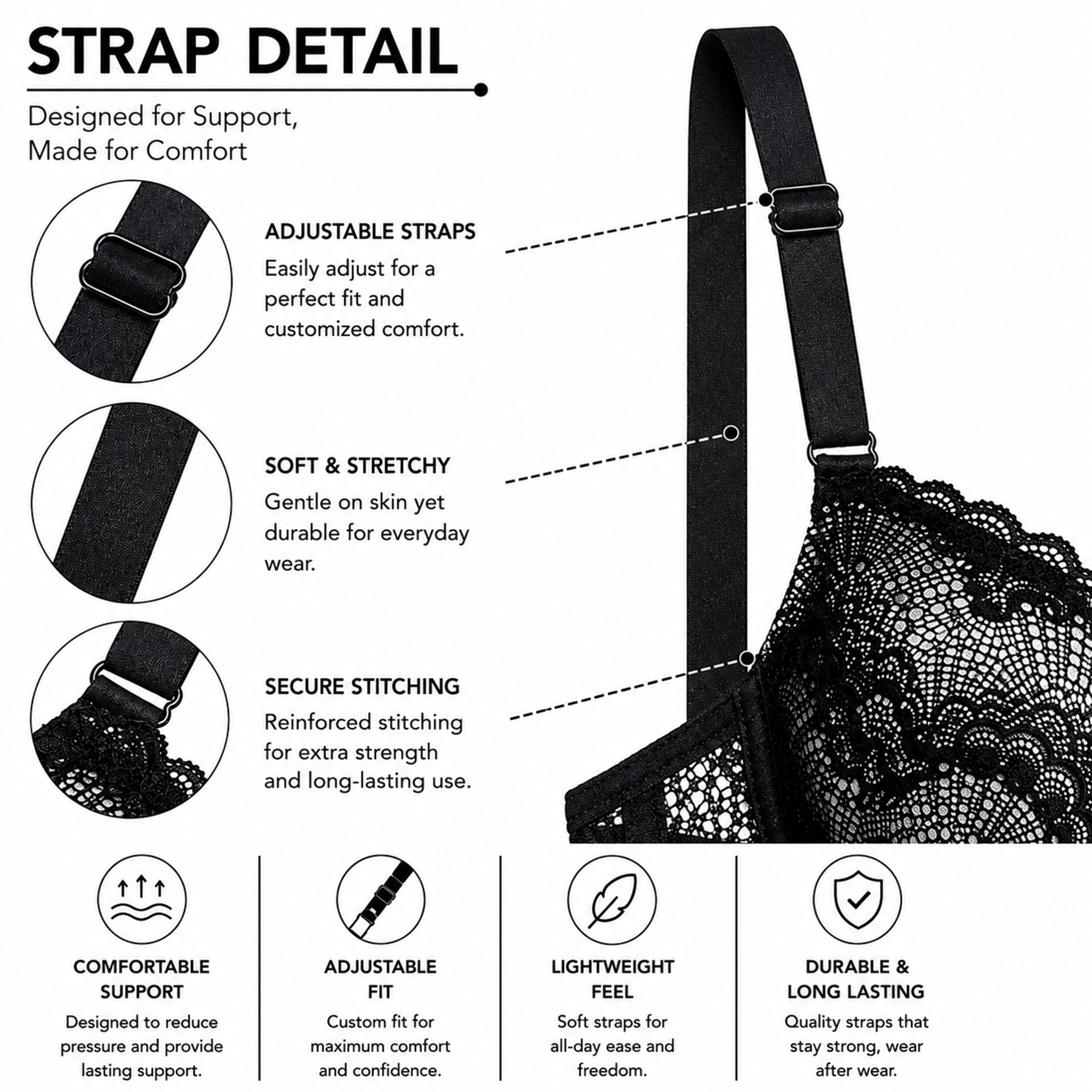 Women’s Self Design Lace Underwired Bra & Bikini Panty Lingerie Set –  Black & White