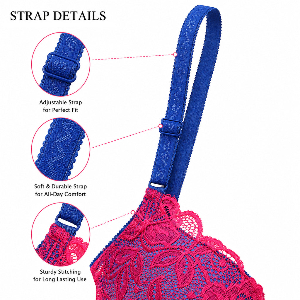 Women's Red & Blue Floral Lace Heavy Padded Underwired Bra with Comfortable Full Coverage (Copy) (Copy)