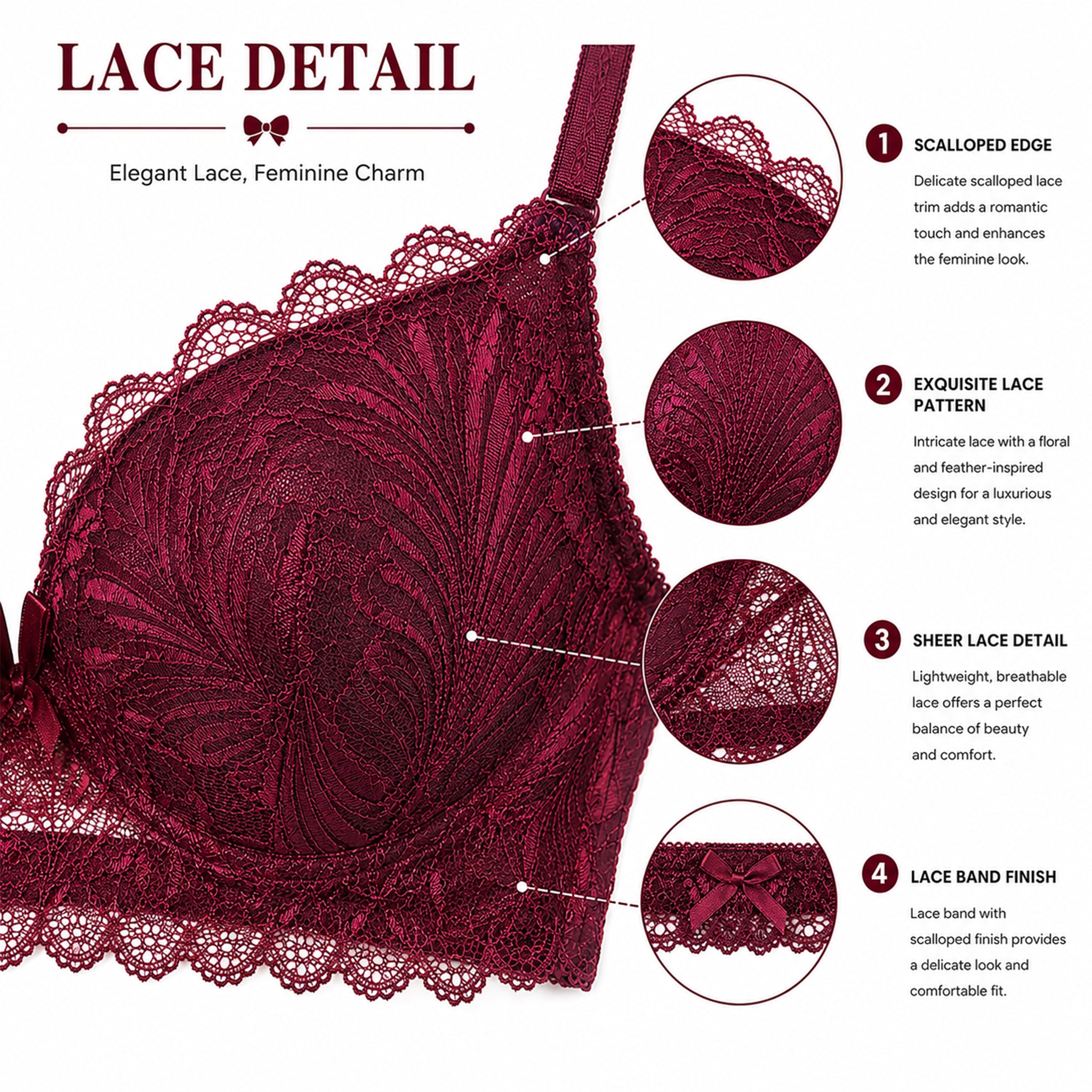 Women's Burgundy Floral Lace Lightly Padded Underwired Bra & Panty Lingerie Set