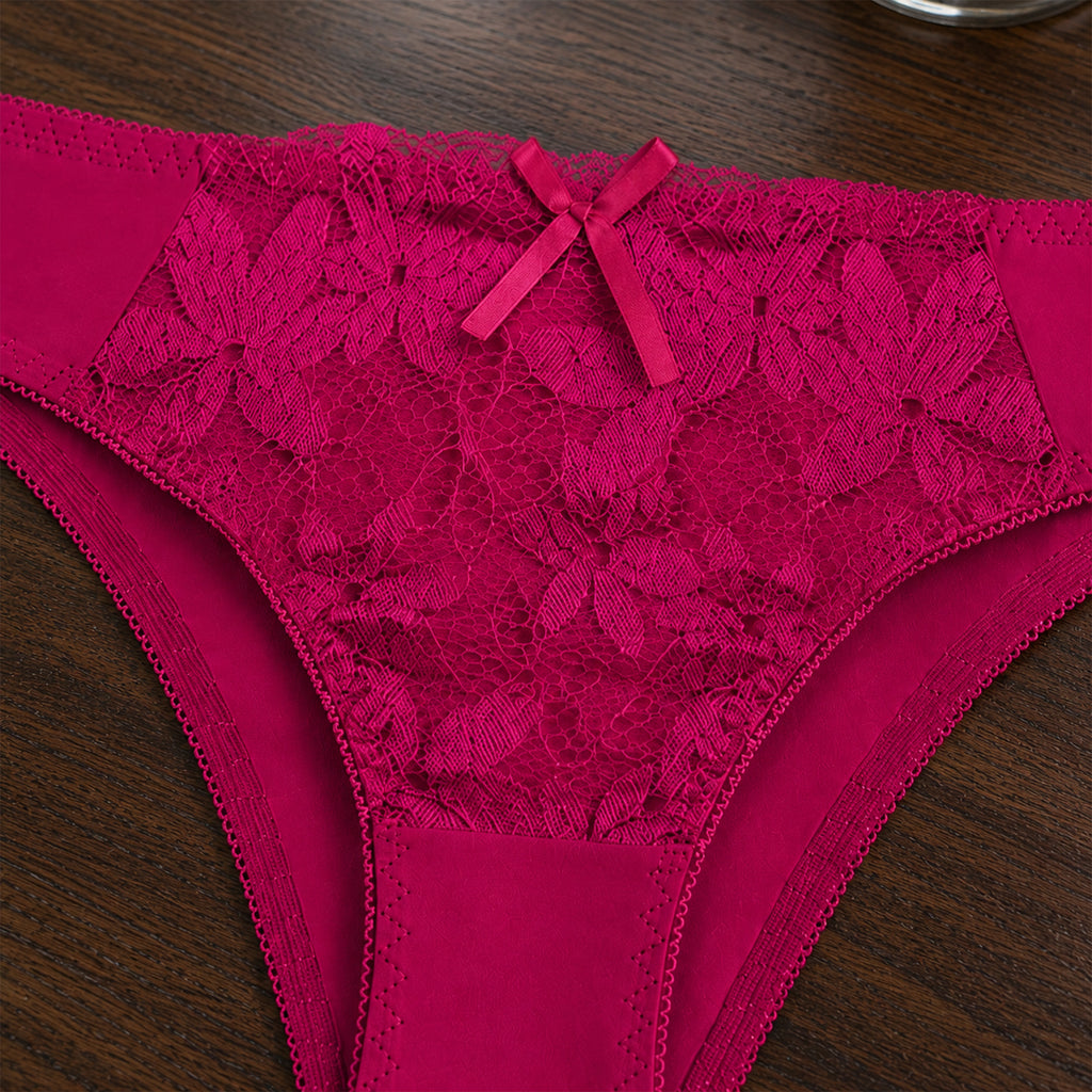 Women's Floral Lace Thong Panty – Soft Stretch, Breathable & Comfortable Everyday Wear - Dark Pink