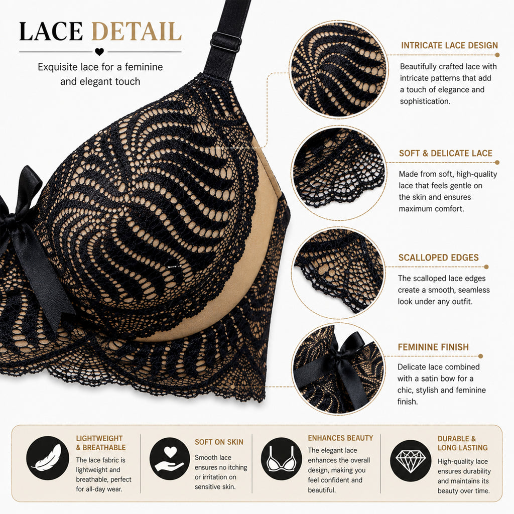 Women's Black & Beige Floral Lace Padded Underwired Bra with Comfortable Full Coverage