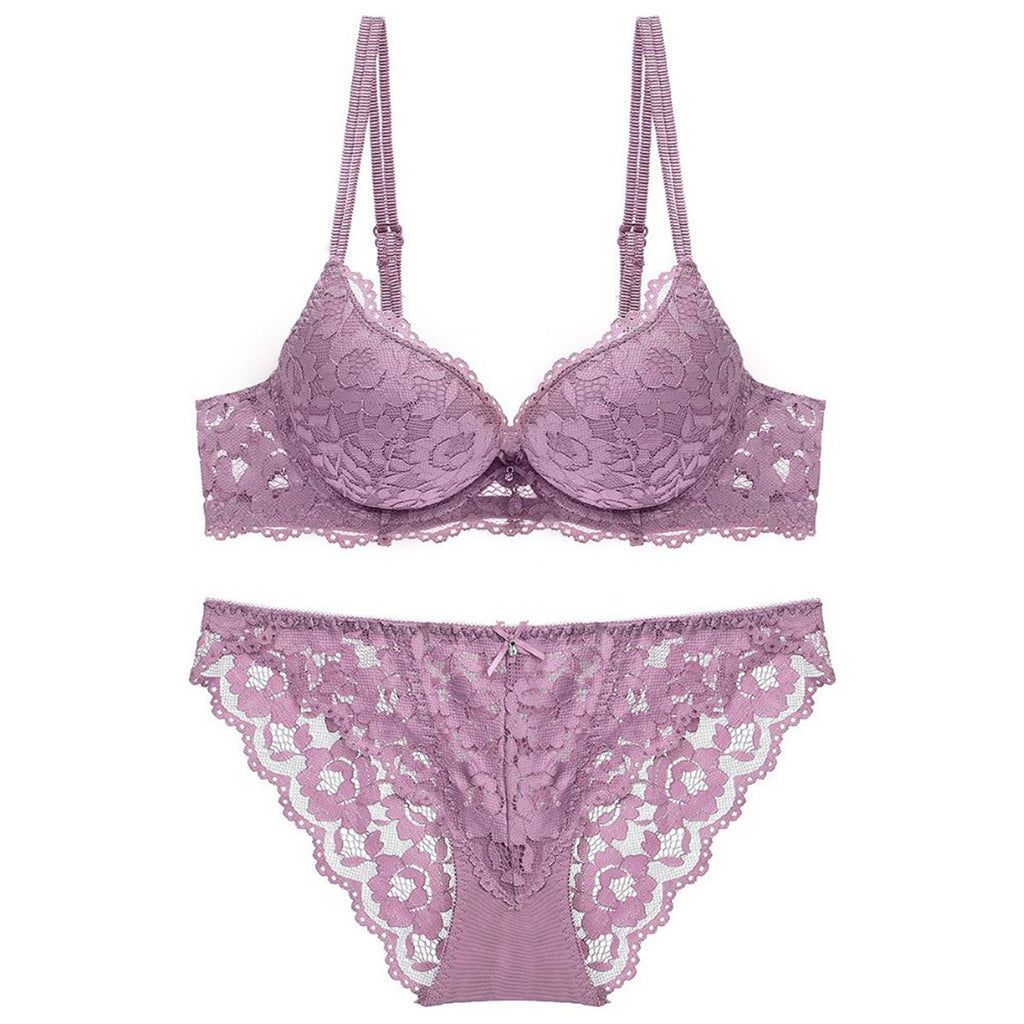 Women's Levender Floral Lace Padded Underwired Bra & Panty Lingerie Set