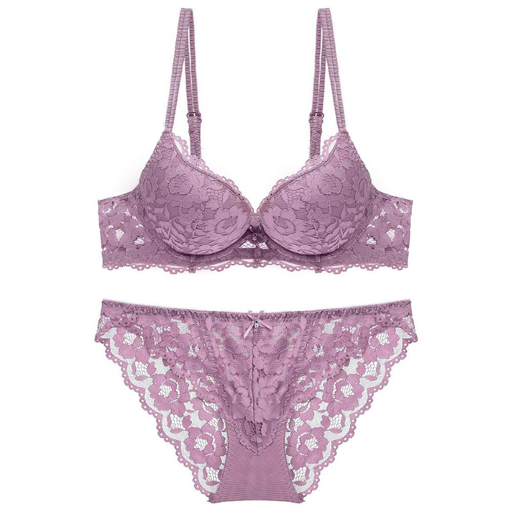 Women's Levender Floral Lace Padded Underwired Bra & Panty Lingerie Set