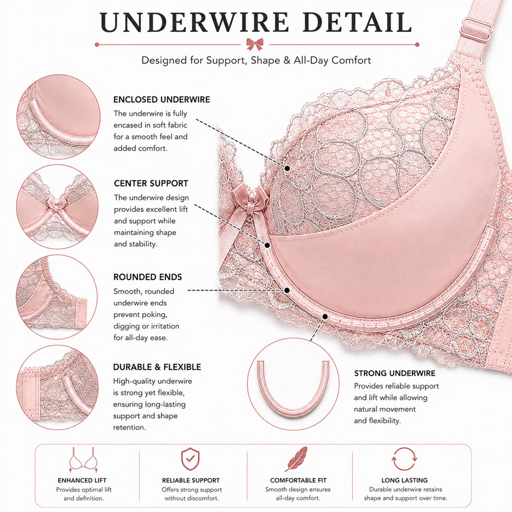 Women’s Floral Lace Underwired Padded Bra & Thong Lingerie Set – Baby Pink