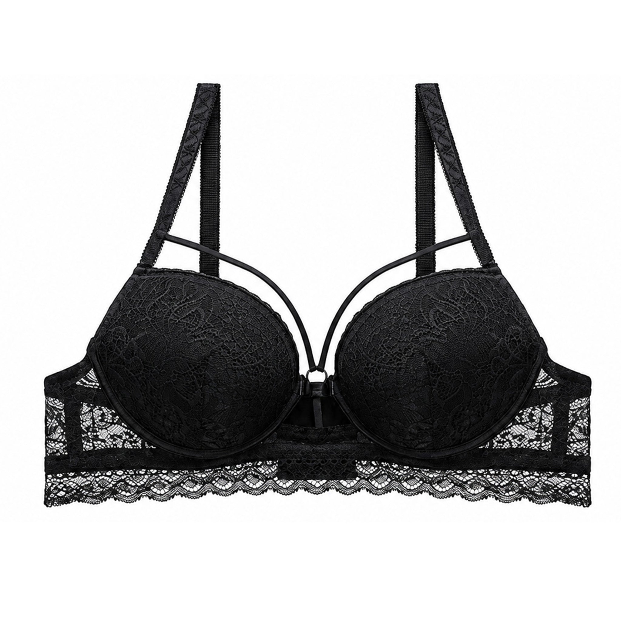 Women's Floral Lace Padded Underwired Bra with Comfortable Full Coverage - Black