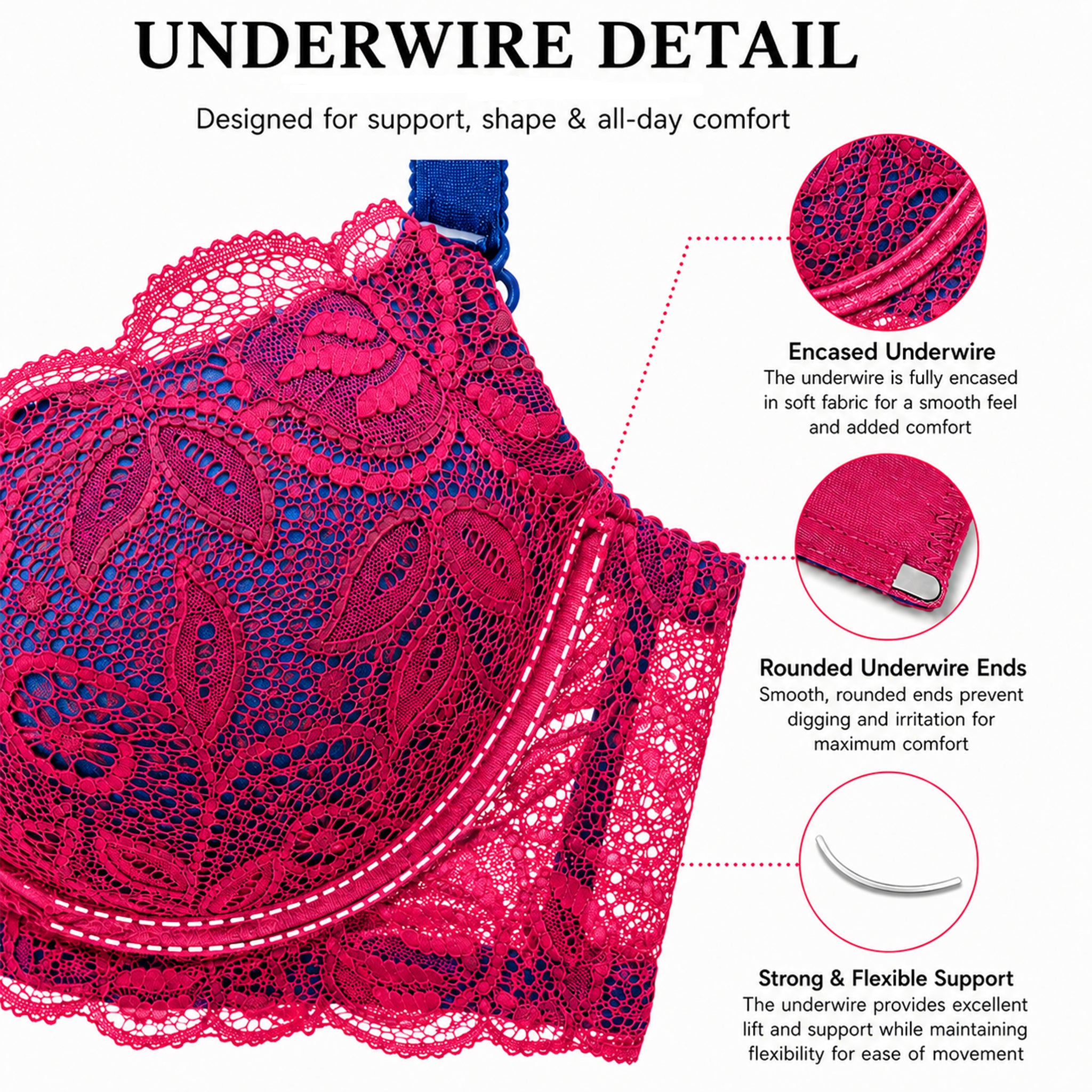 Women's Red & Blue Floral Lace Heavy Padded Underwired Bra with Comfortable Full Coverage (Copy) (Copy)
