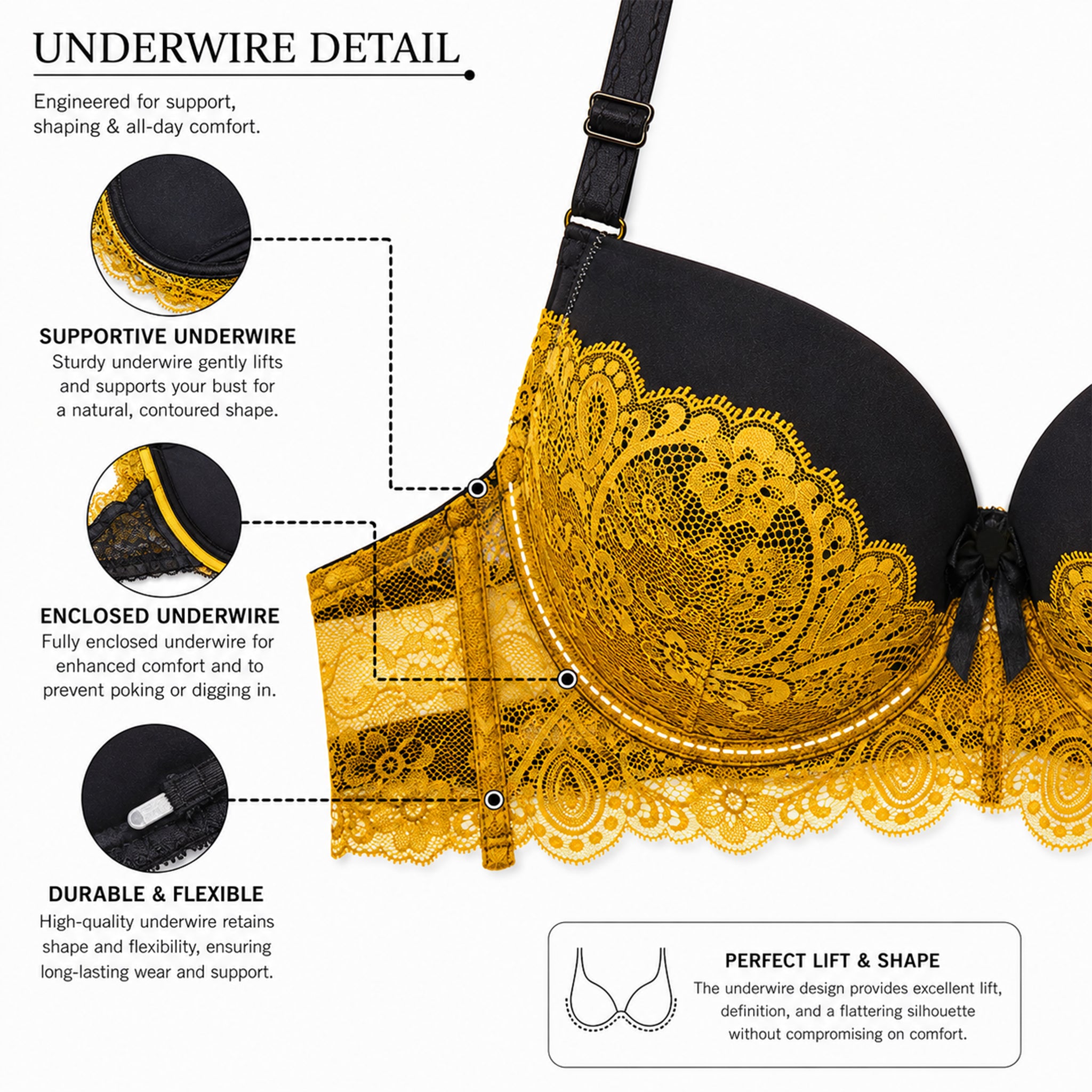 Women's Black & Yellow Floral Lace Padded Underwired Bra with Comfortable Full Coverage