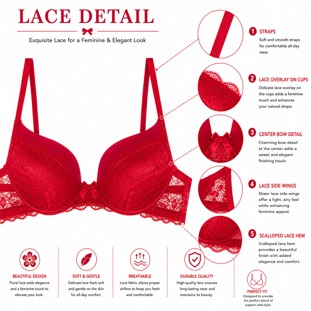 Women's Cherry Red Floral Lace Padded Underwired Bra with Comfortable Full Coverage
