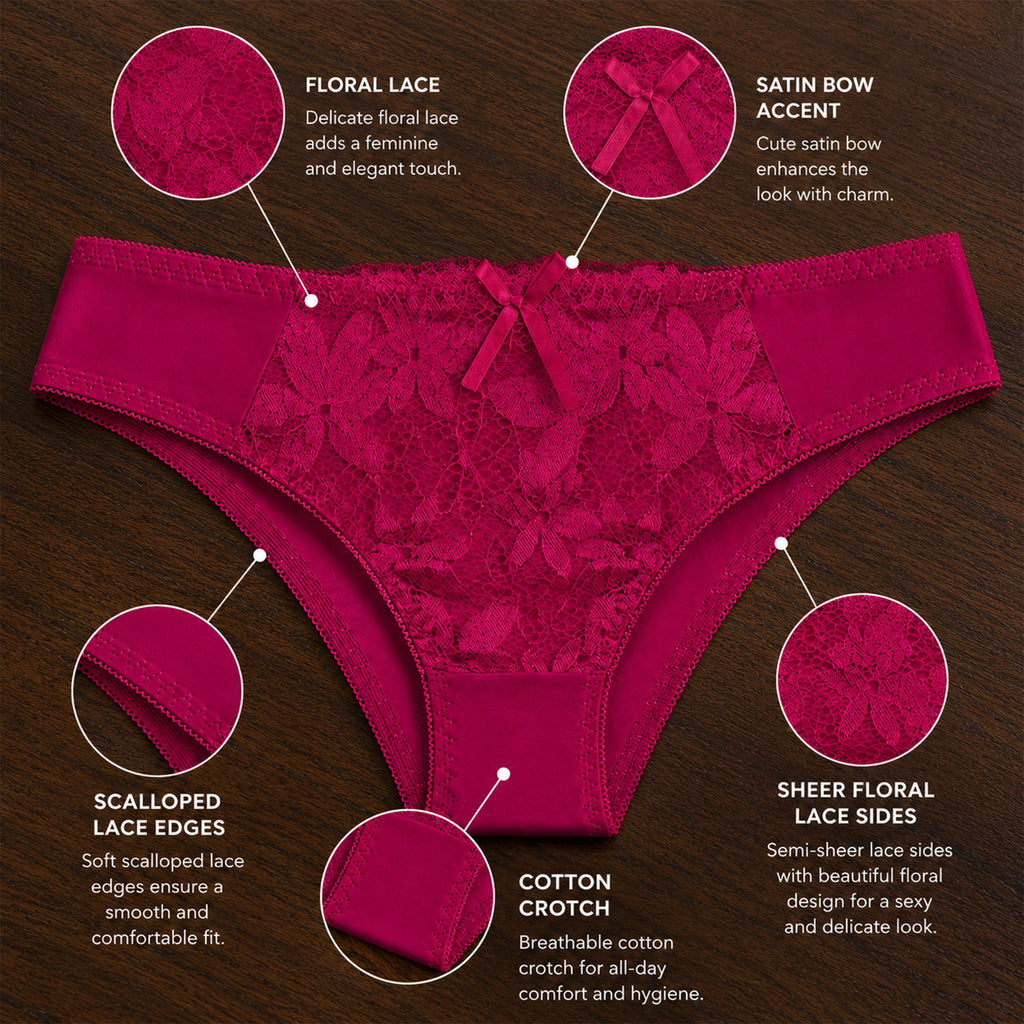 Women's Floral Lace Thong Panty – Soft Stretch, Breathable & Comfortable Everyday Wear - Dark Pink
