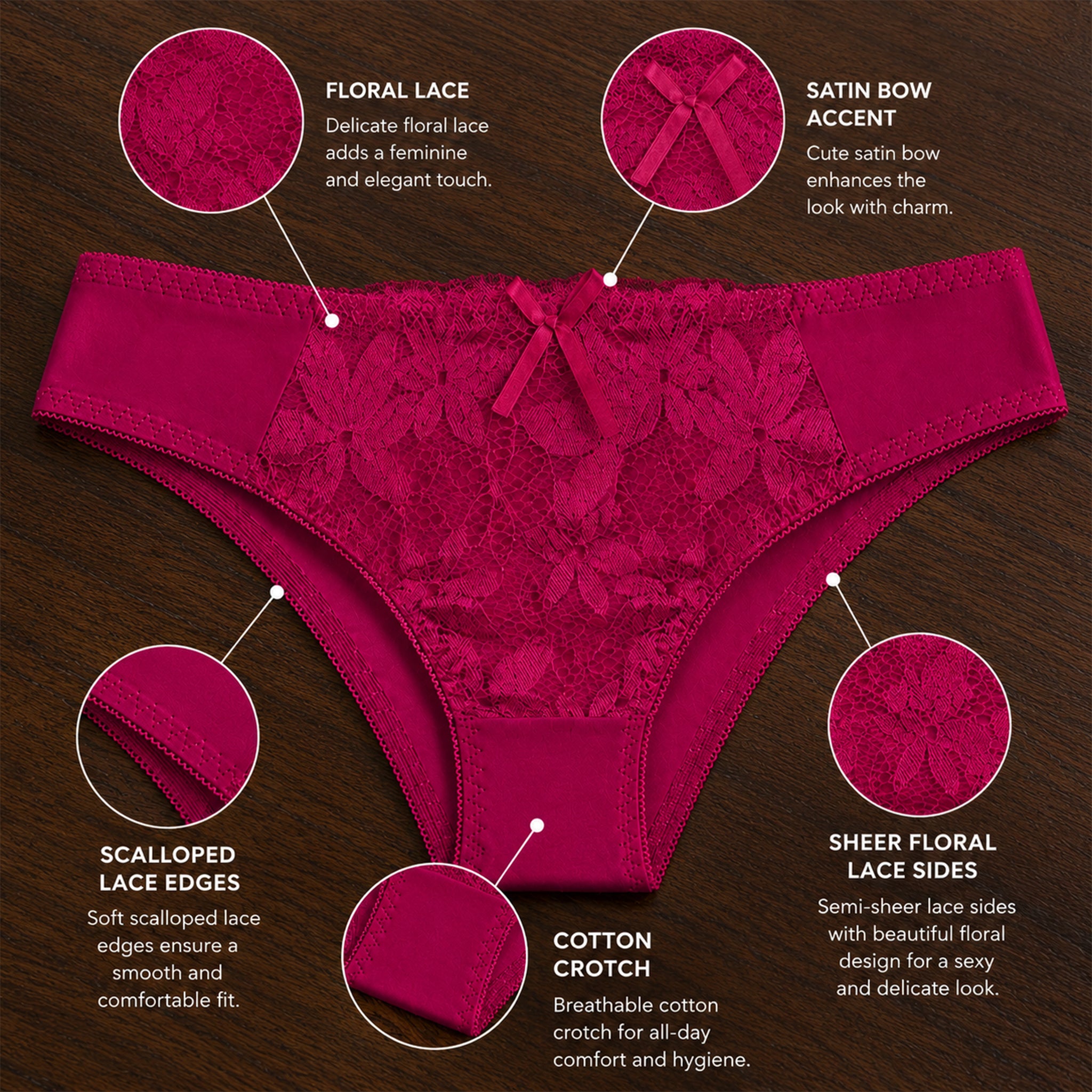 Women's Floral Lace Thong Panty – Soft Stretch, Breathable & Comfortable Everyday Wear - Dark Pink