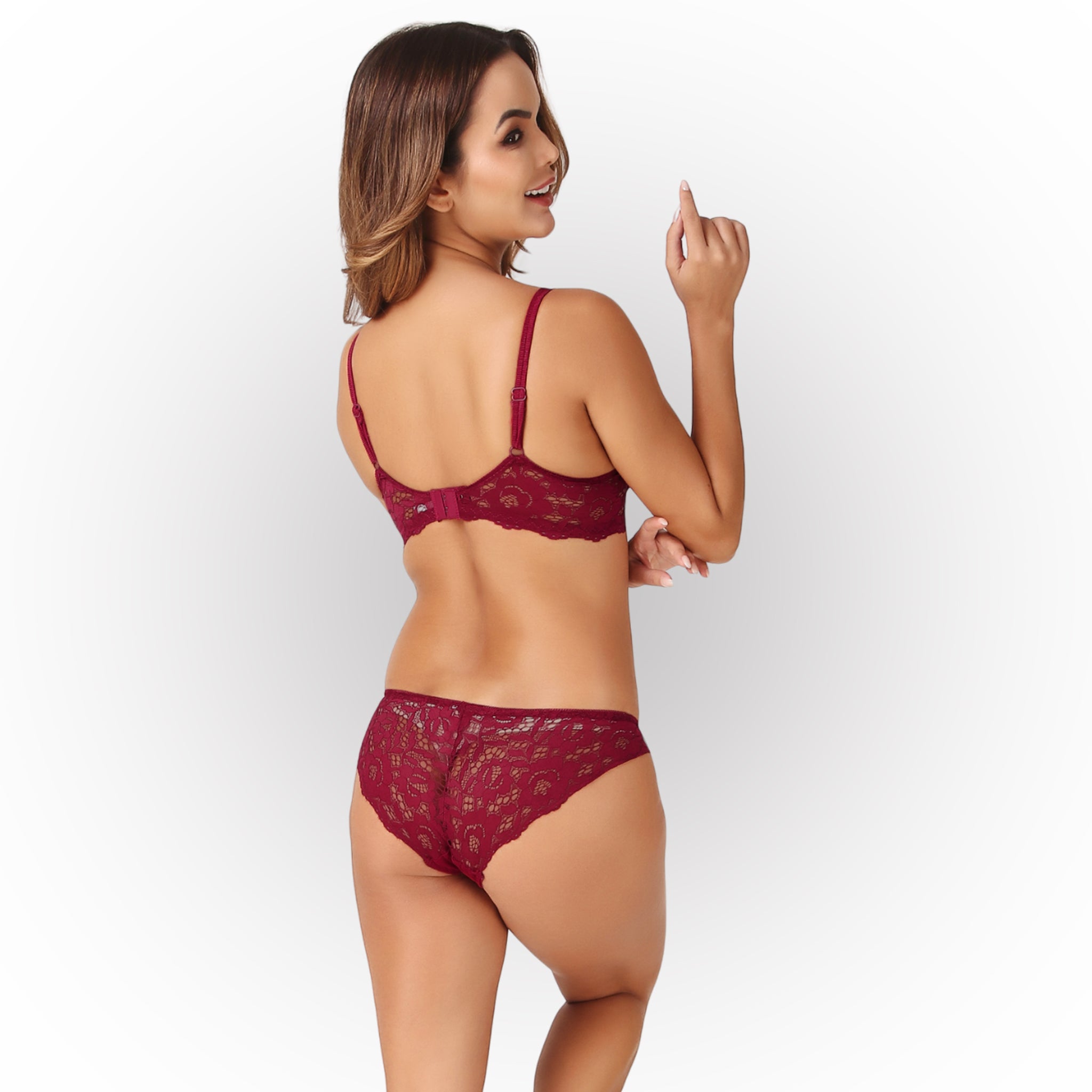 Women's Burgundy Floral Lace Padded Underwired Bra & Panty Lingerie Set