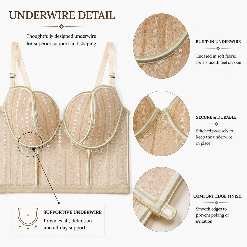 Women's Fashion Skin Sheer Mesh Underwired Bustier Bralette with Elegant Lace Design