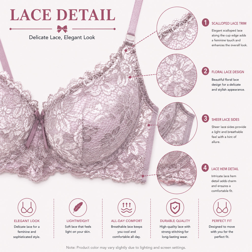 Women's Lavender Floral Lace Padded Underwired Bra with Comfortable Full Coverage