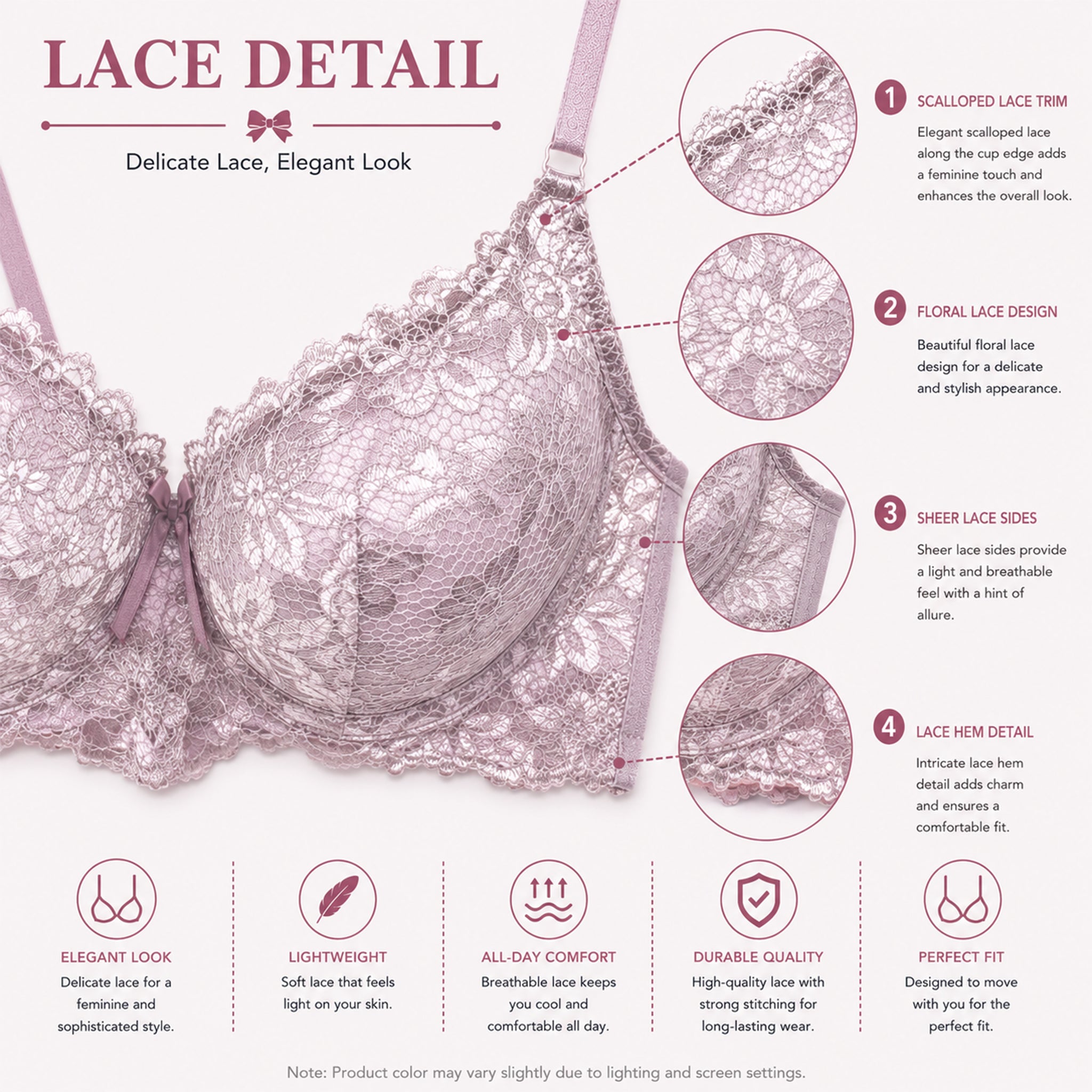 Women's Lavender Floral Lace Padded Underwired Bra with Comfortable Full Coverage