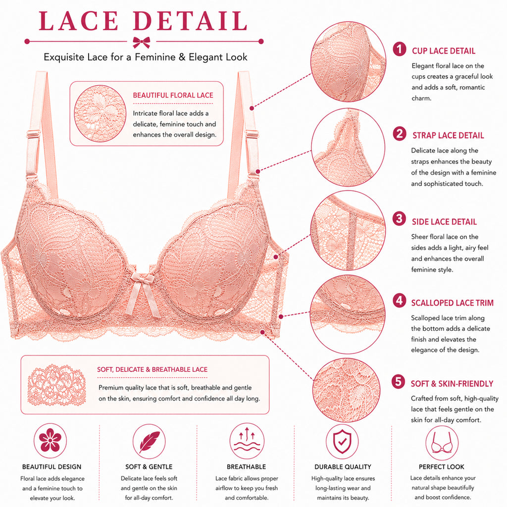 Women's Floral Lace Padded Underwired Bra with Comfortable Full Coverage - Blush Pink