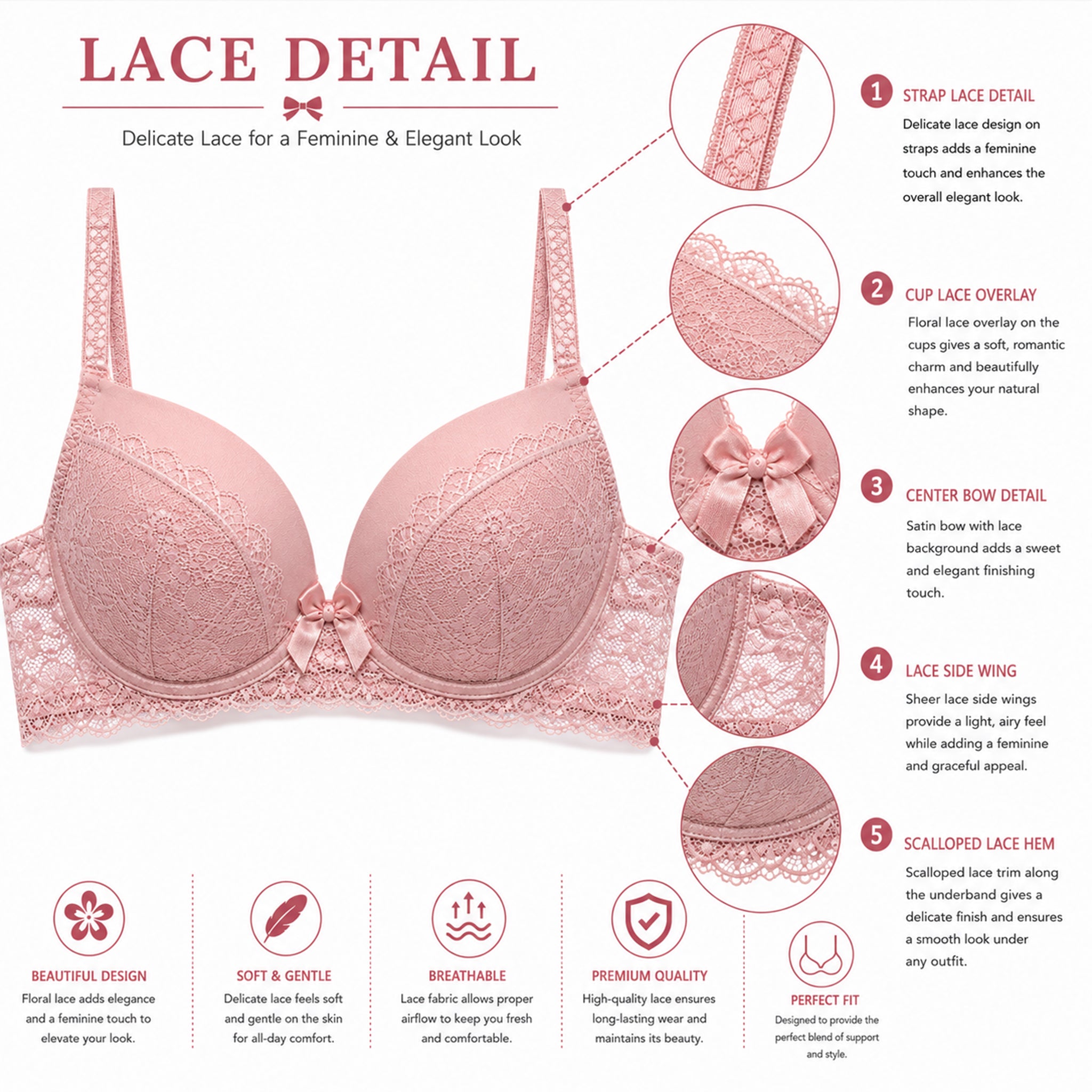 Women's Pink Floral Lace Padded Underwired Bra with Comfortable Full Coverage