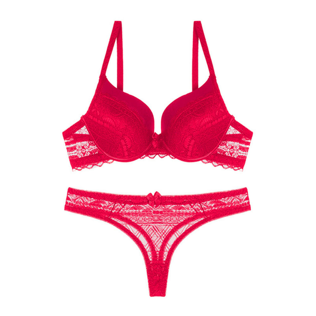 Women’s Full Coverage Heavily Padded Underwired Bra & Thong Lingerie Set – Red