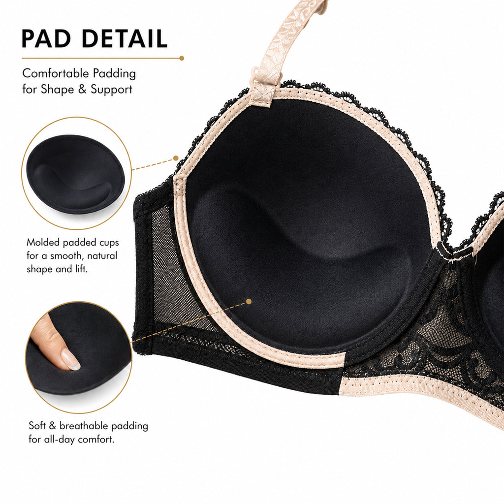 Women’s Lace Heavily Padded Underwired Bra & Mid-Rise Panty Lingerie Set – Biege & Black