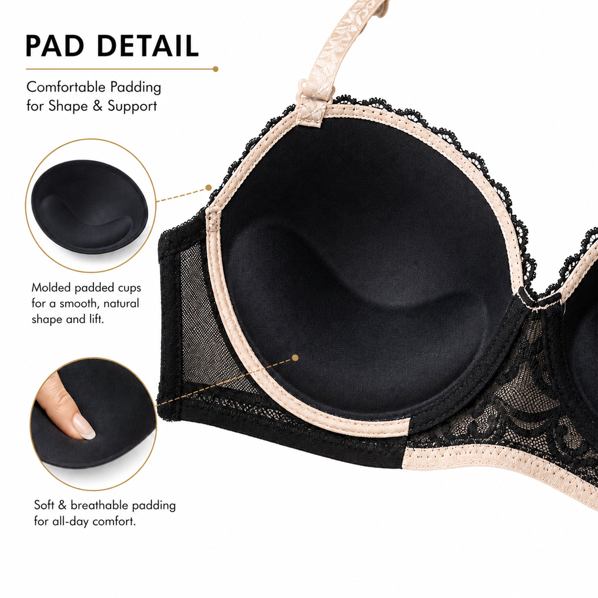 Women’s Lace Heavily Padded Underwired Bra & Mid-Rise Panty Lingerie Set – Biege & Black