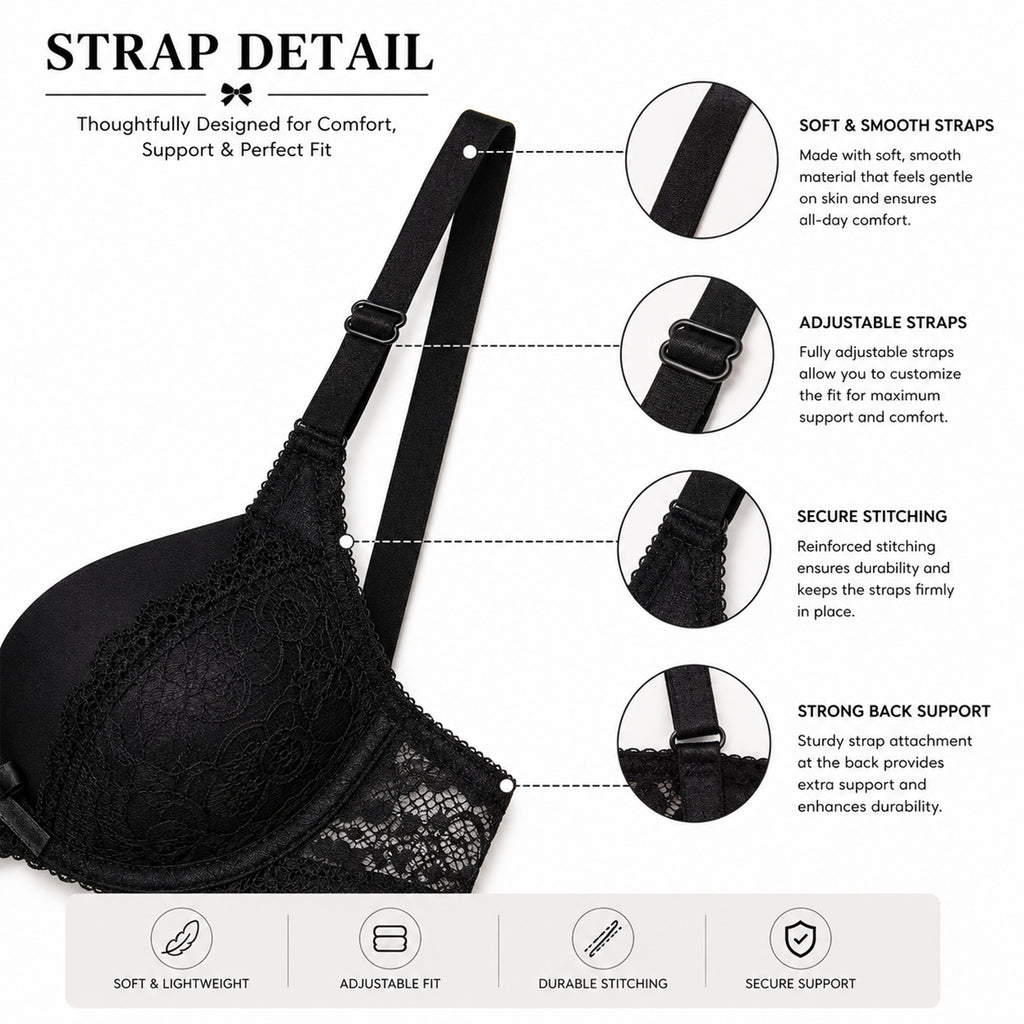 Women’s Lace Lightly Padded Underwired Bra & Mid-Rise Panty Lingerie Set – Black