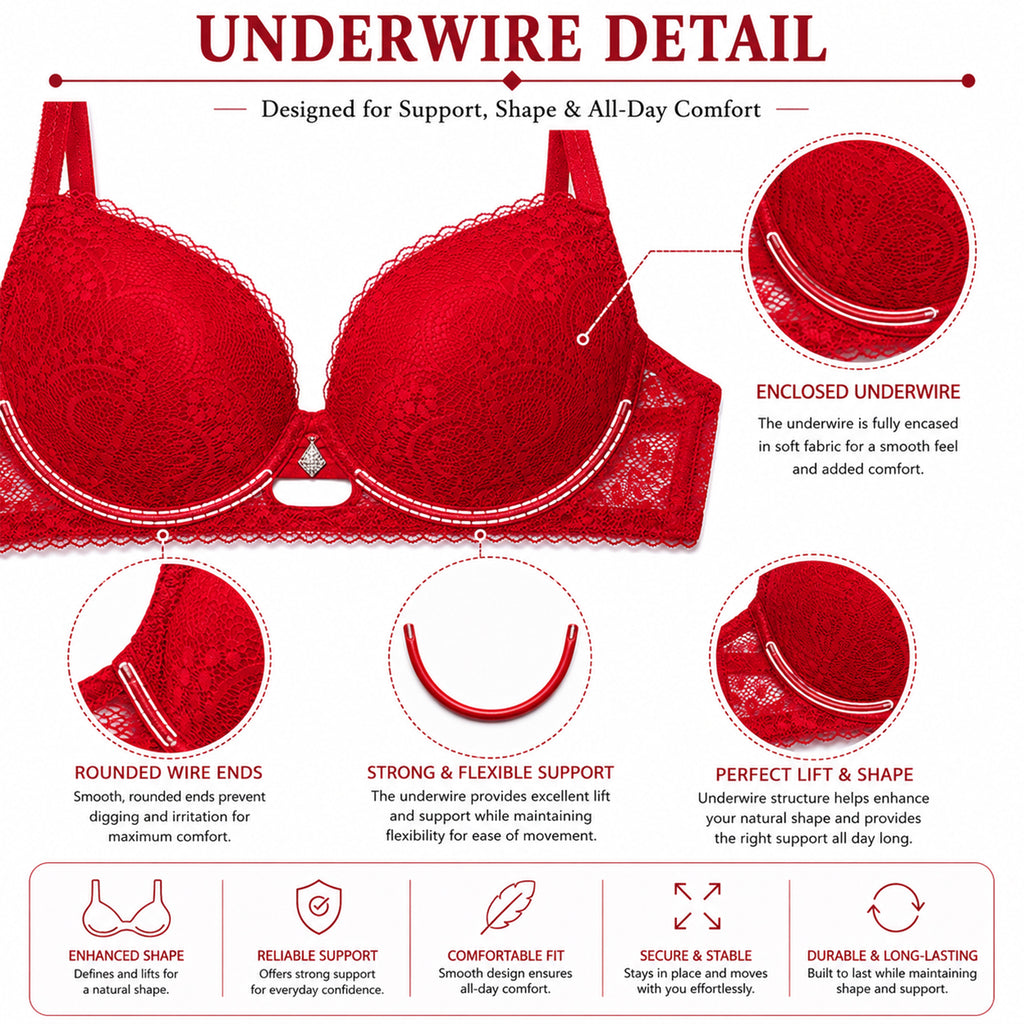 Women's Red Floral Lace Padded Underwired Bra with Comfortable Full Coverage