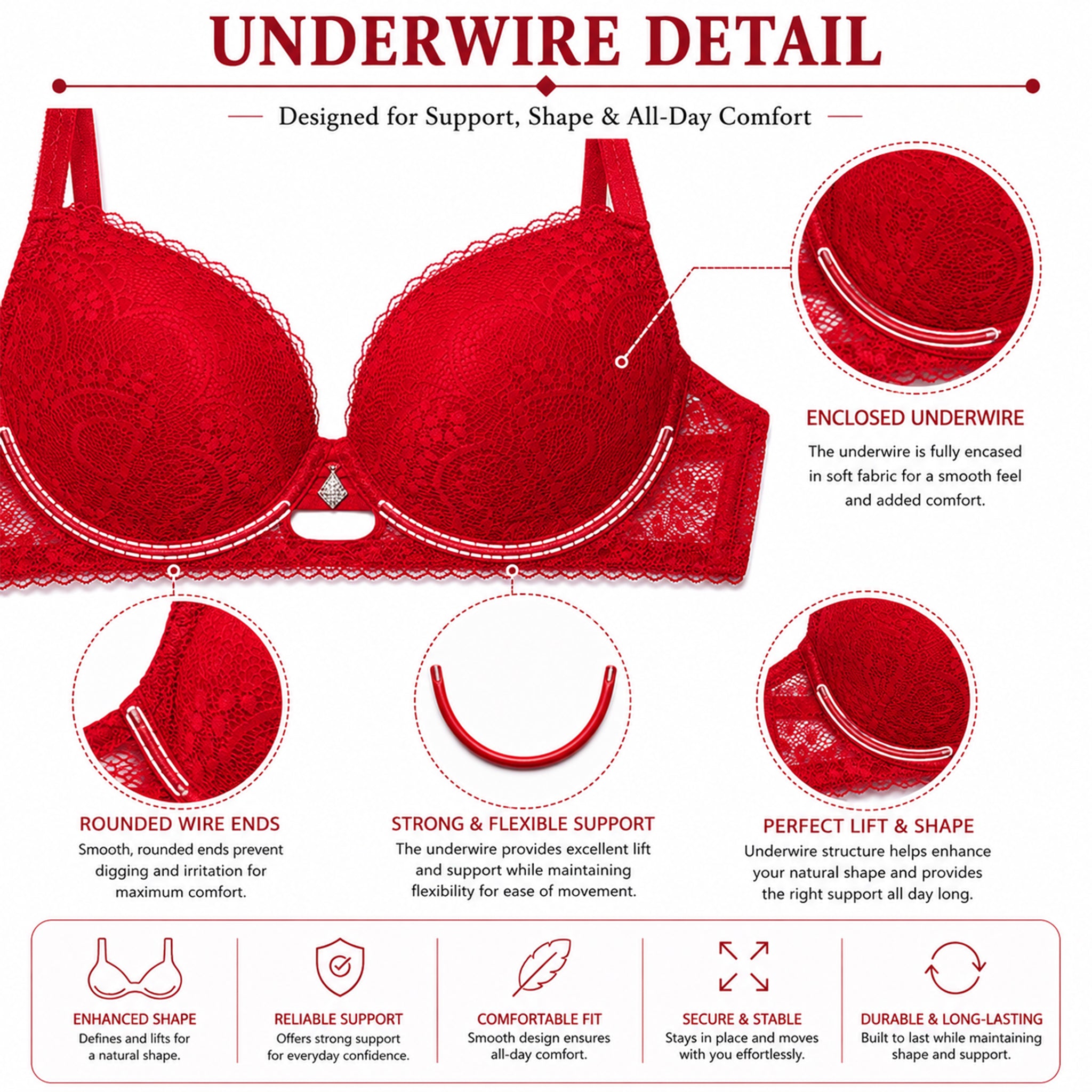Women's Red Floral Lace Padded Underwired Bra with Comfortable Full Coverage