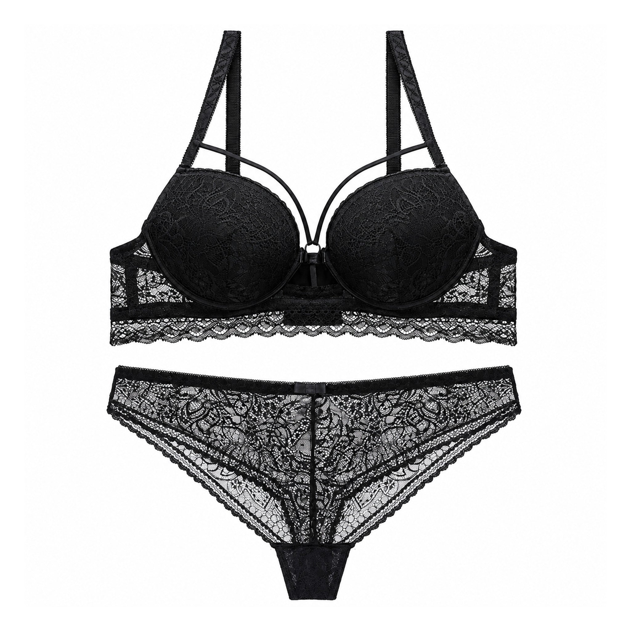 Women’s Lace Underwired Padded Bra & High-Waist Panty Lingerie Set – Black
