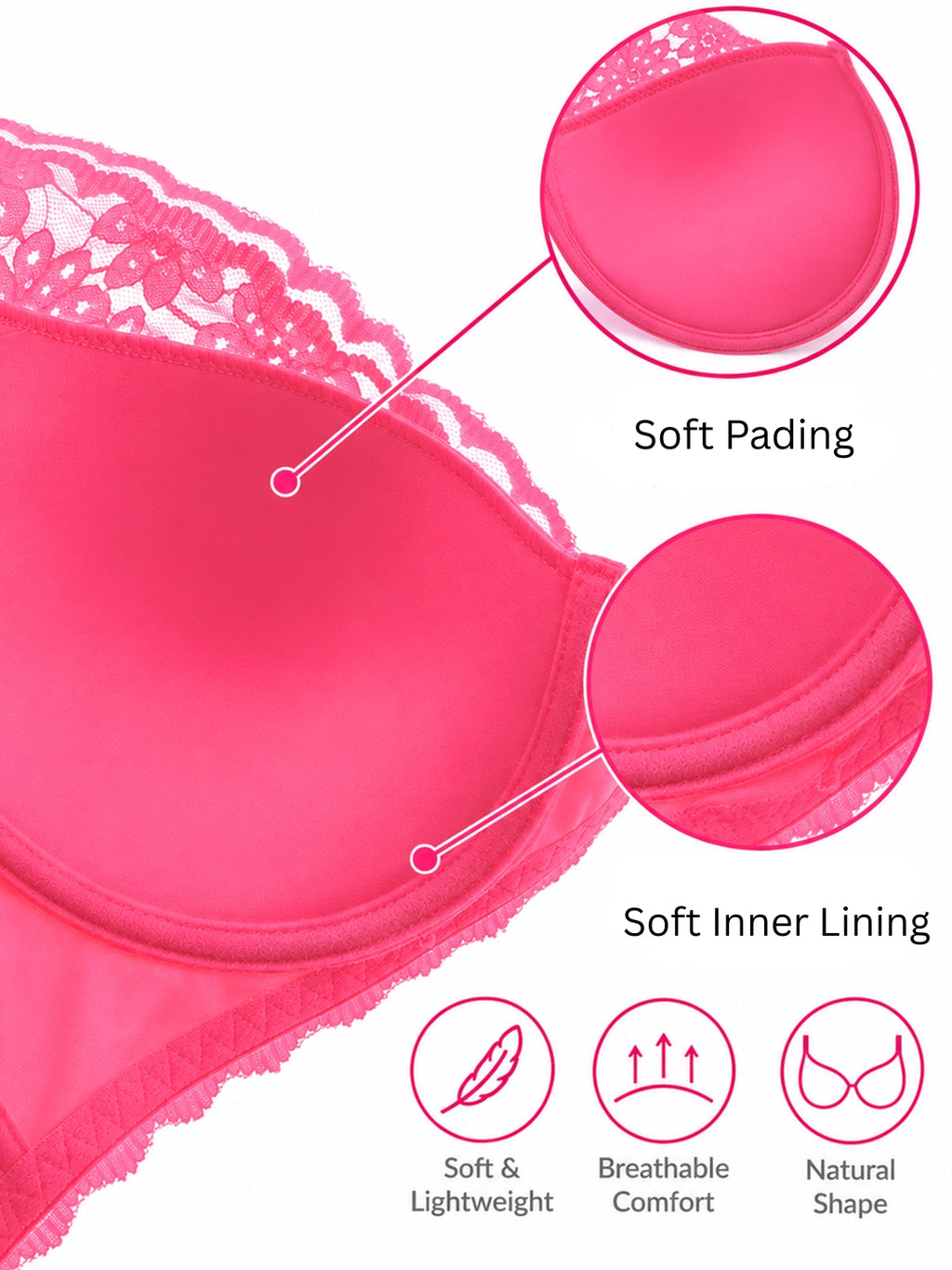 Secret Lives Women’s Neon Pink Floral Lace Heavily Padded Underwired Lingerie Set